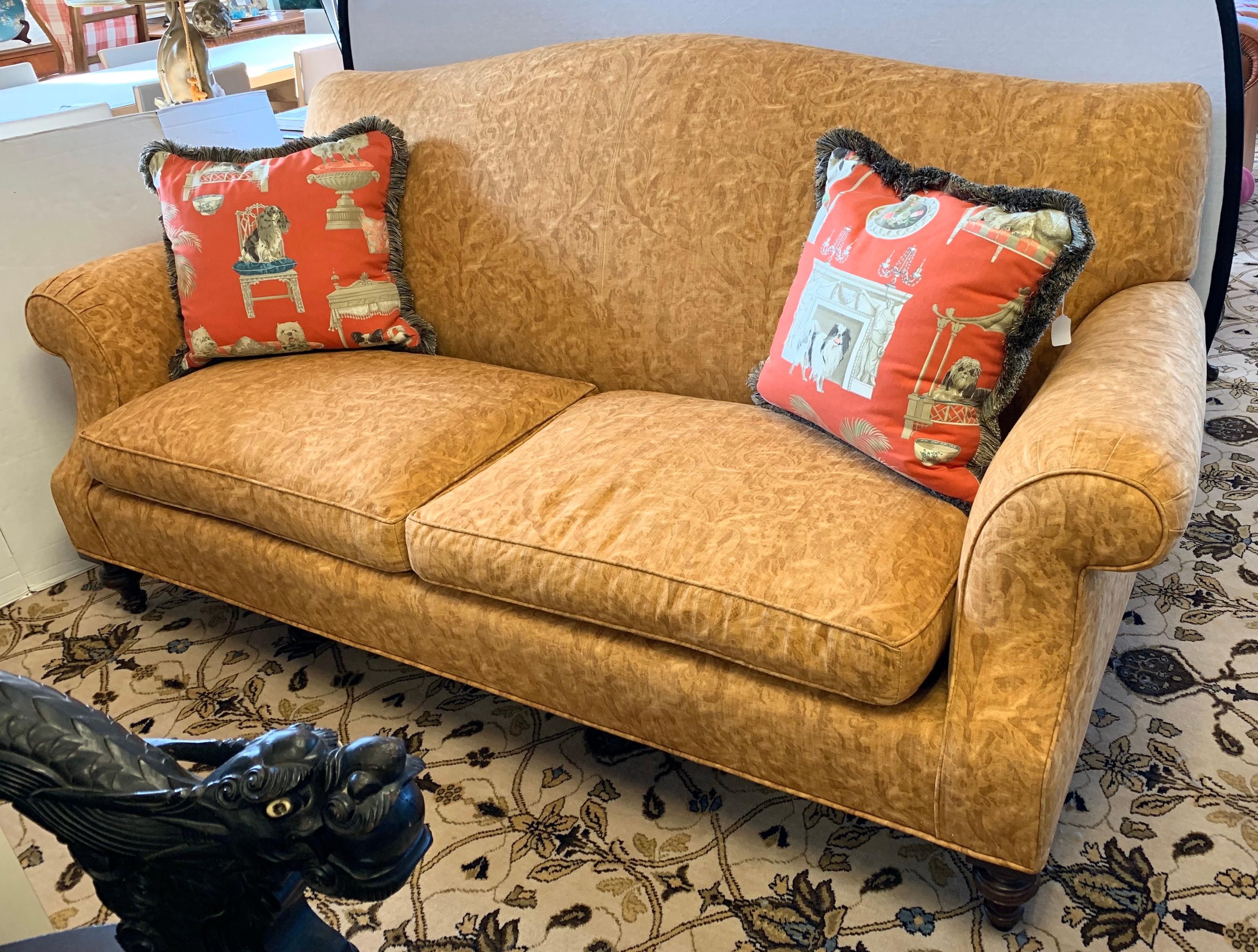 Elegant seven foot B&F signed sofa featuring down cushions and eight-way hand tied construction.
Comes with lovely bespoke chinoiserie throw pillows as shown.