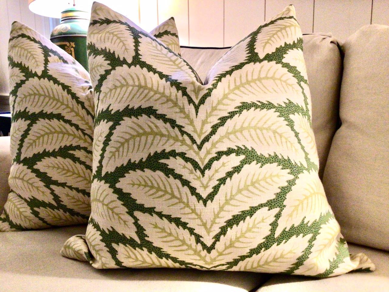 A fresh take on a wonderful fern pattern. TALAVERA in leaf features a dense print of overlapping fern leaves in a soft olive/ chartreuse on off-white. These pillows would be a wonderful mix in pattern for a grouping using large scale and solids