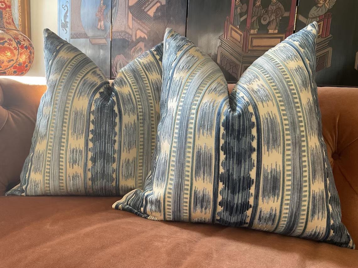 Glorious striped print in raised velvet from famed design house Brunschwig & Fils comes 