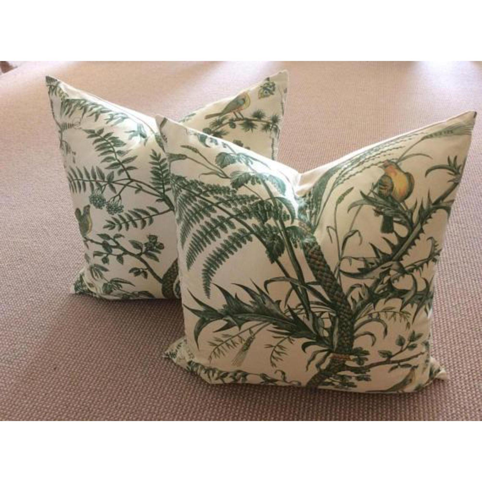 Brunschwig & Fils Bird and Thistle Green Pillow Covers - a Pair In New Condition For Sale In Winder, GA