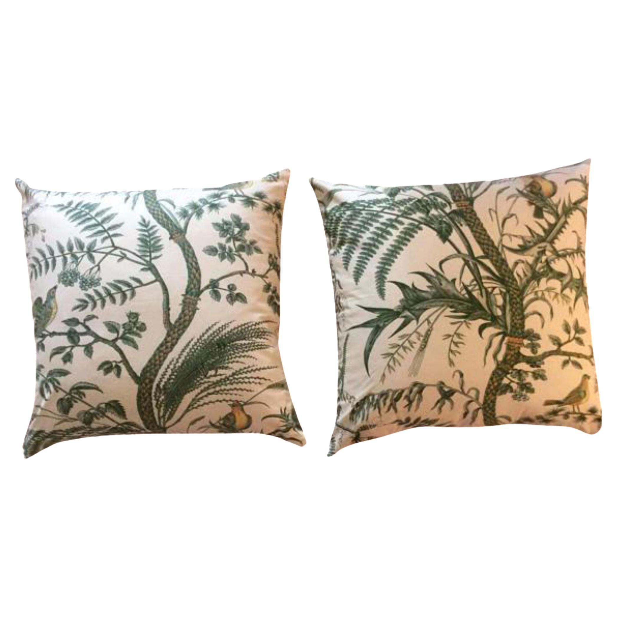 Brunschwig & Fils Bird and Thistle Green Pillow Covers - a Pair For Sale