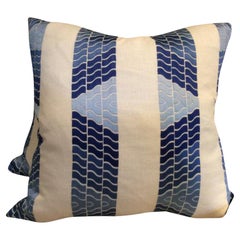 Brunschwig & Fils Blue "Clouds" Embroidered Linen Pillows - a Pair