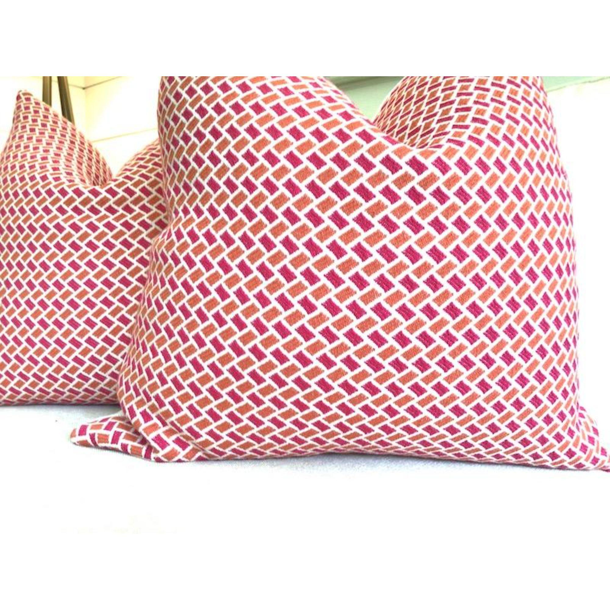 Brunschwig & Fils “Briquetage” in Hot Pink & Coral Orange Pillows - a Pair In New Condition For Sale In Winder, GA