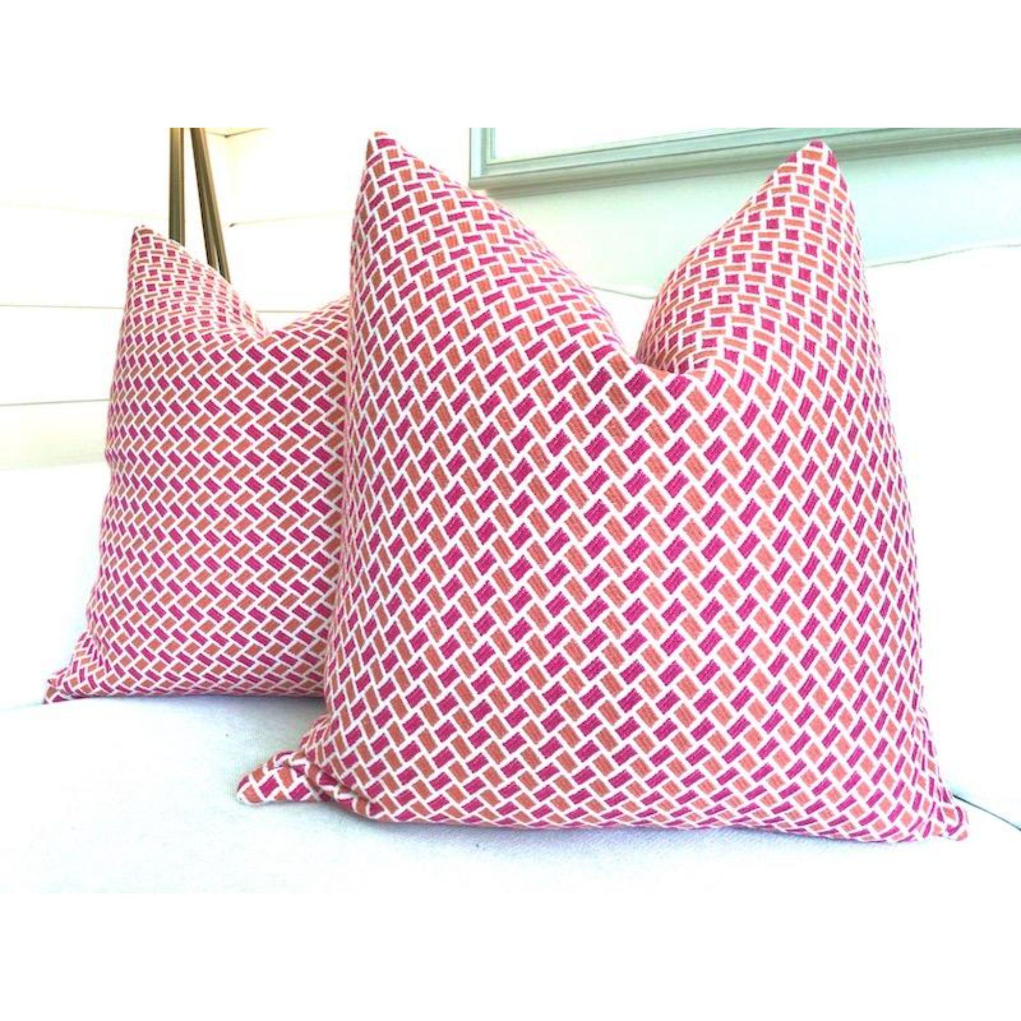 Contemporary Brunschwig & Fils “Briquetage” in Hot Pink & Coral Orange Pillows - a Pair For Sale