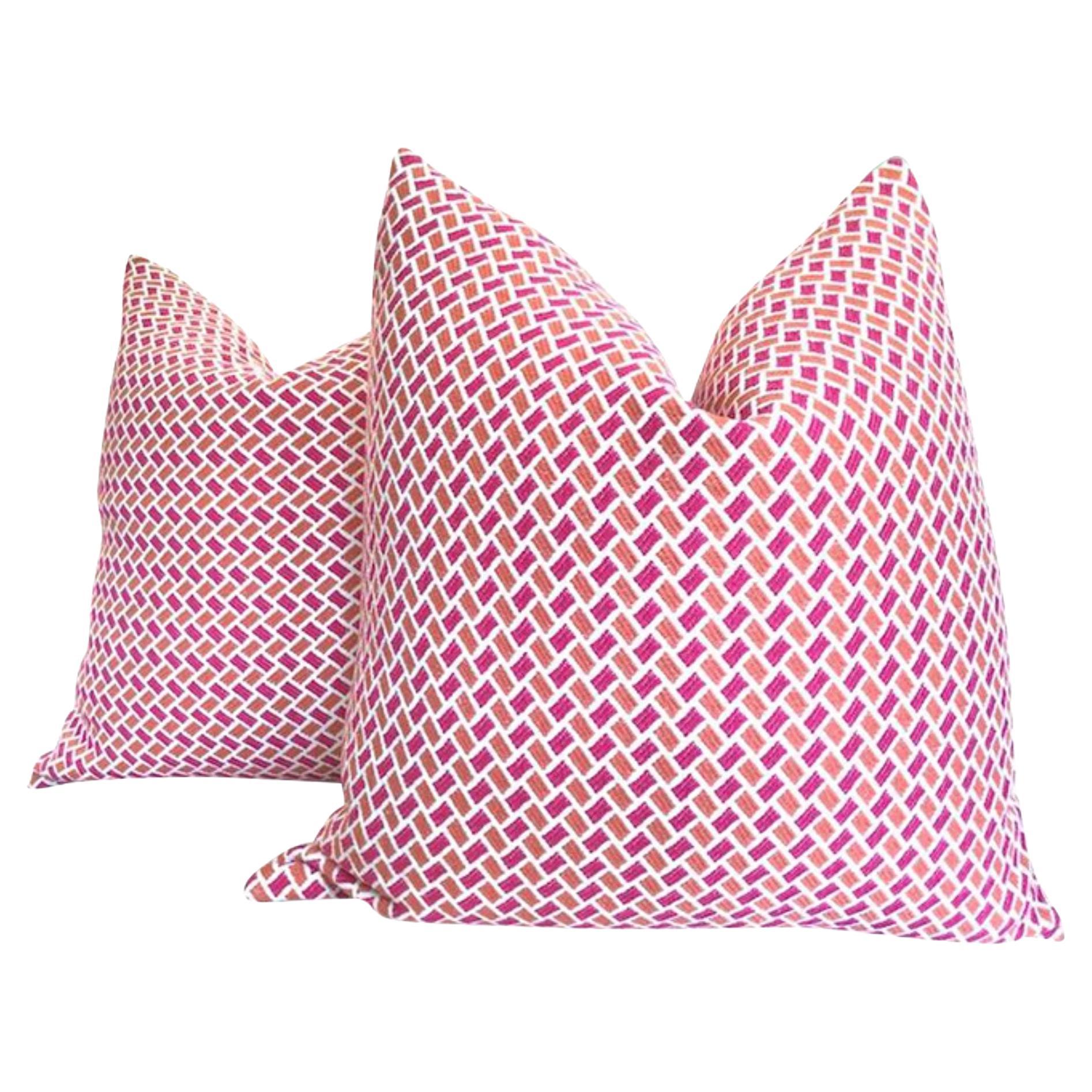 Brunschwig & Fils “Briquetage” in Hot Pink & Coral Orange Pillows - a Pair For Sale