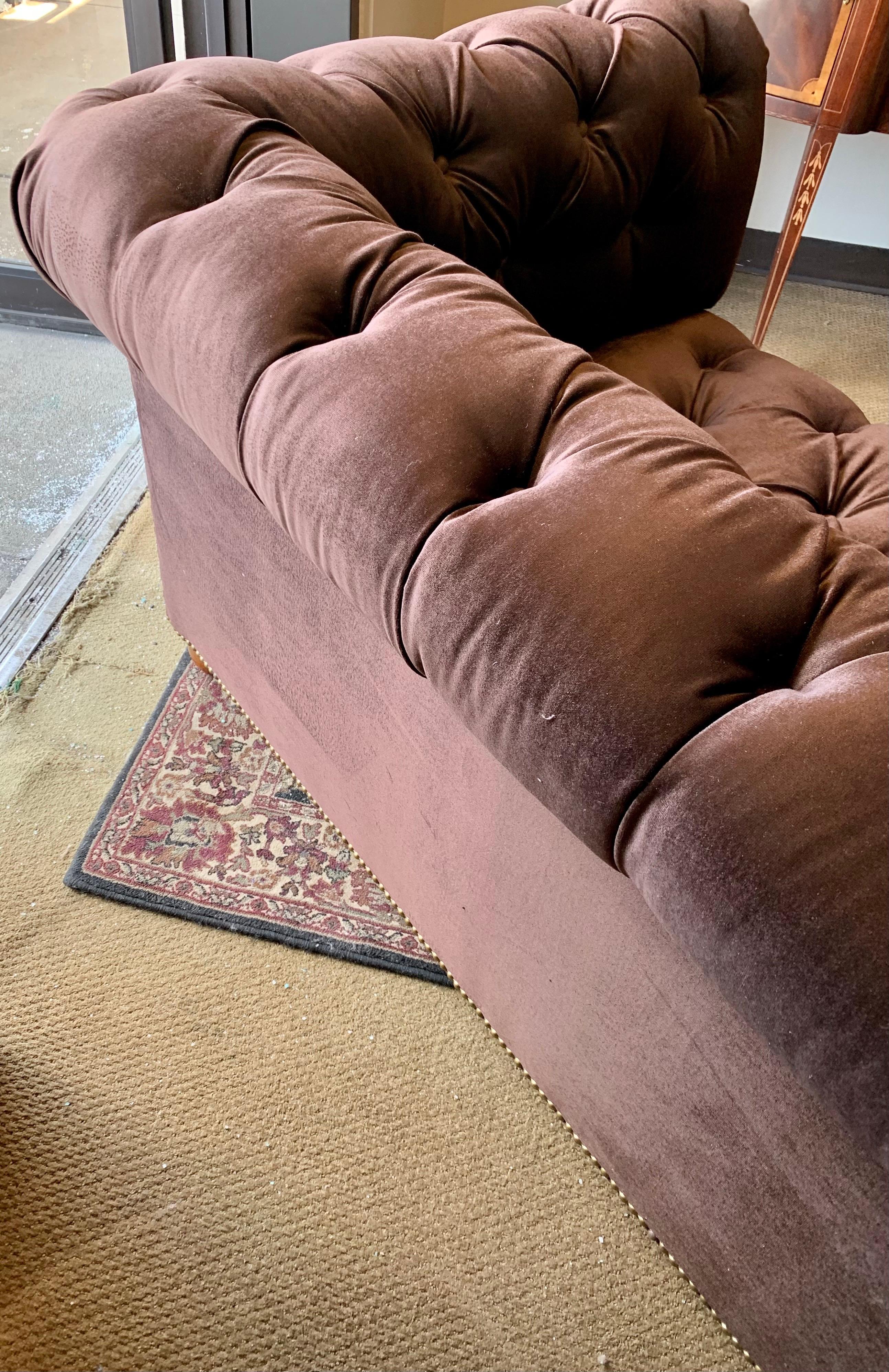 Brunschwig & Fils Chesterfield Sofa Newly Upholstered in Chocolate Brown Velvet 5