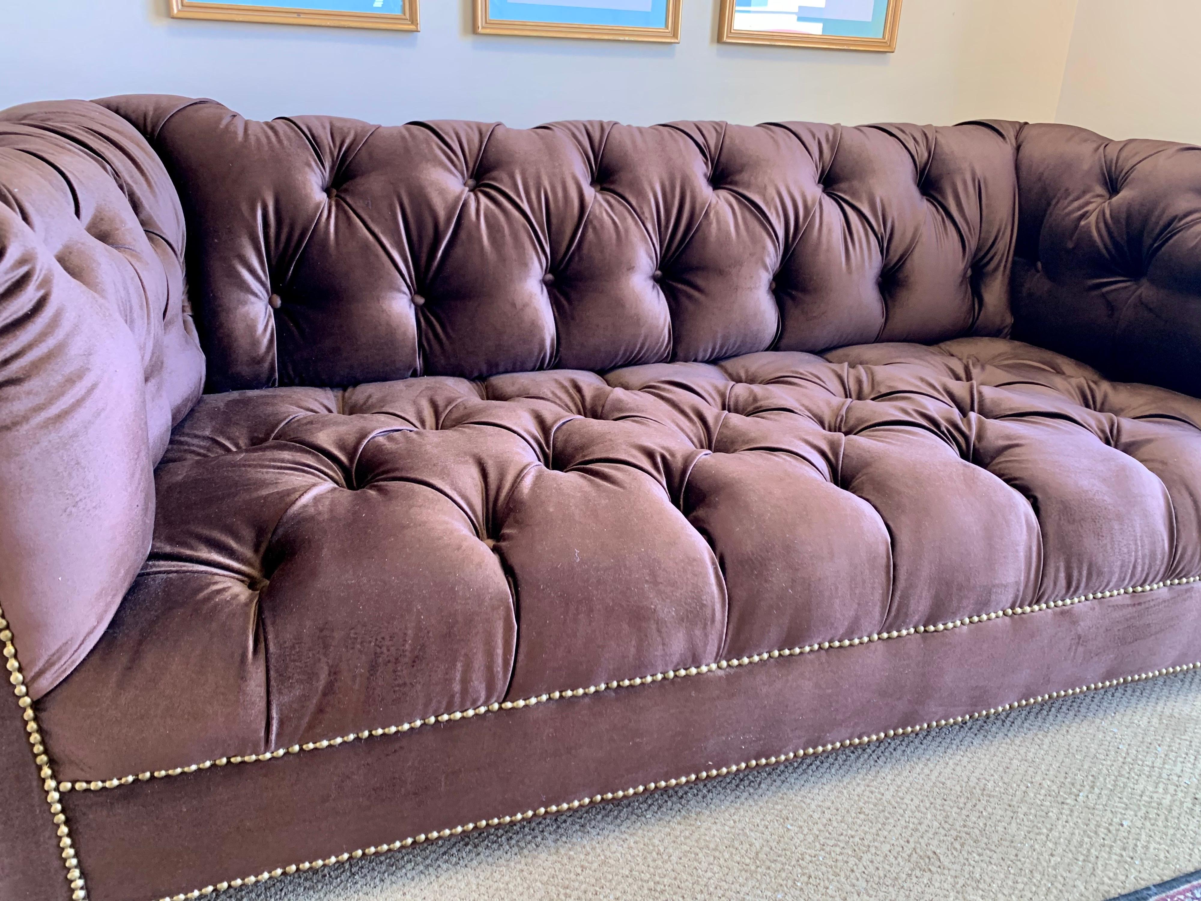 Brunschwig & Fils Chesterfield Sofa Newly Upholstered in Chocolate Brown Velvet 10