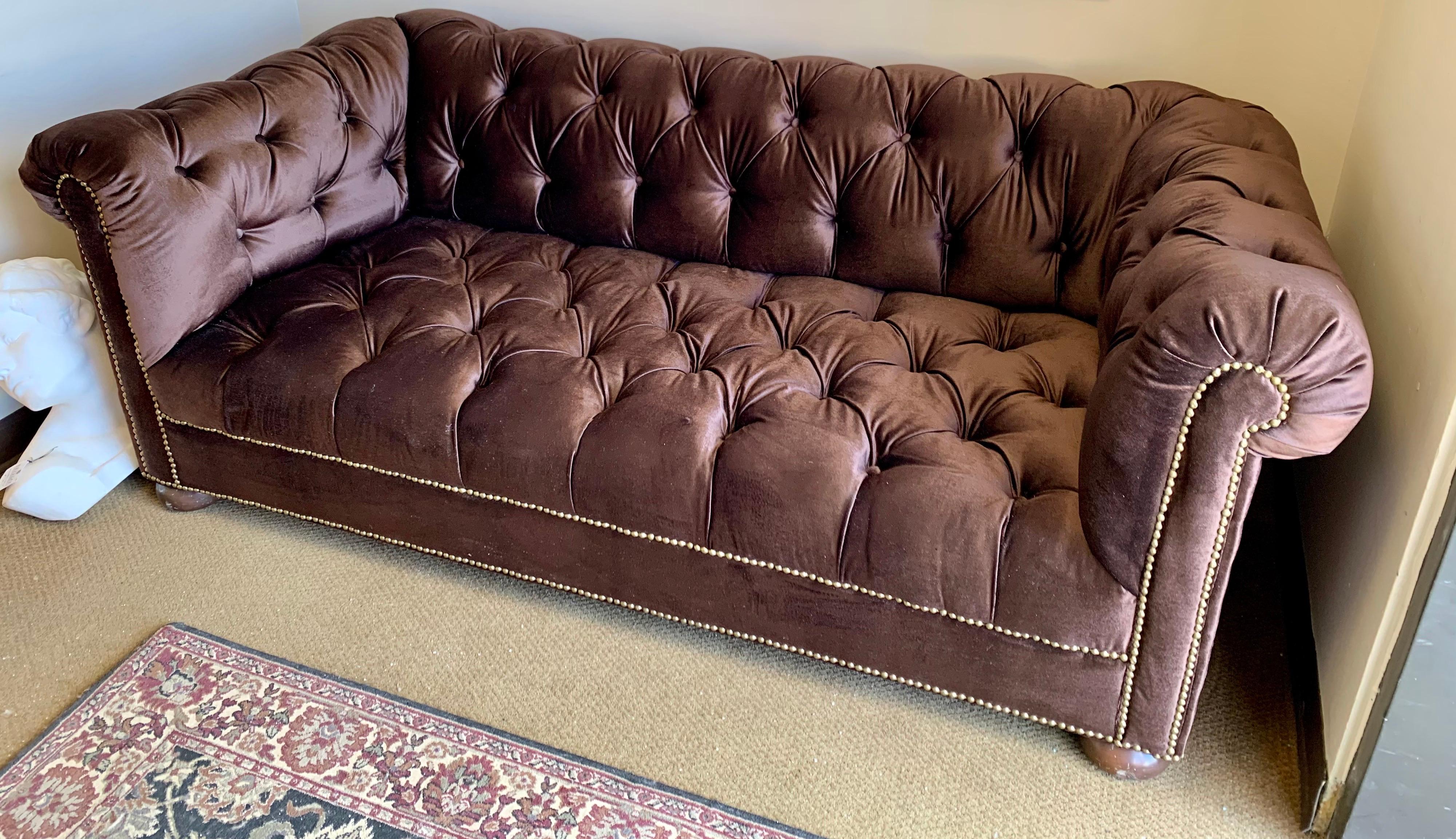 American Brunschwig & Fils Chesterfield Sofa Newly Upholstered in Chocolate Brown Velvet
