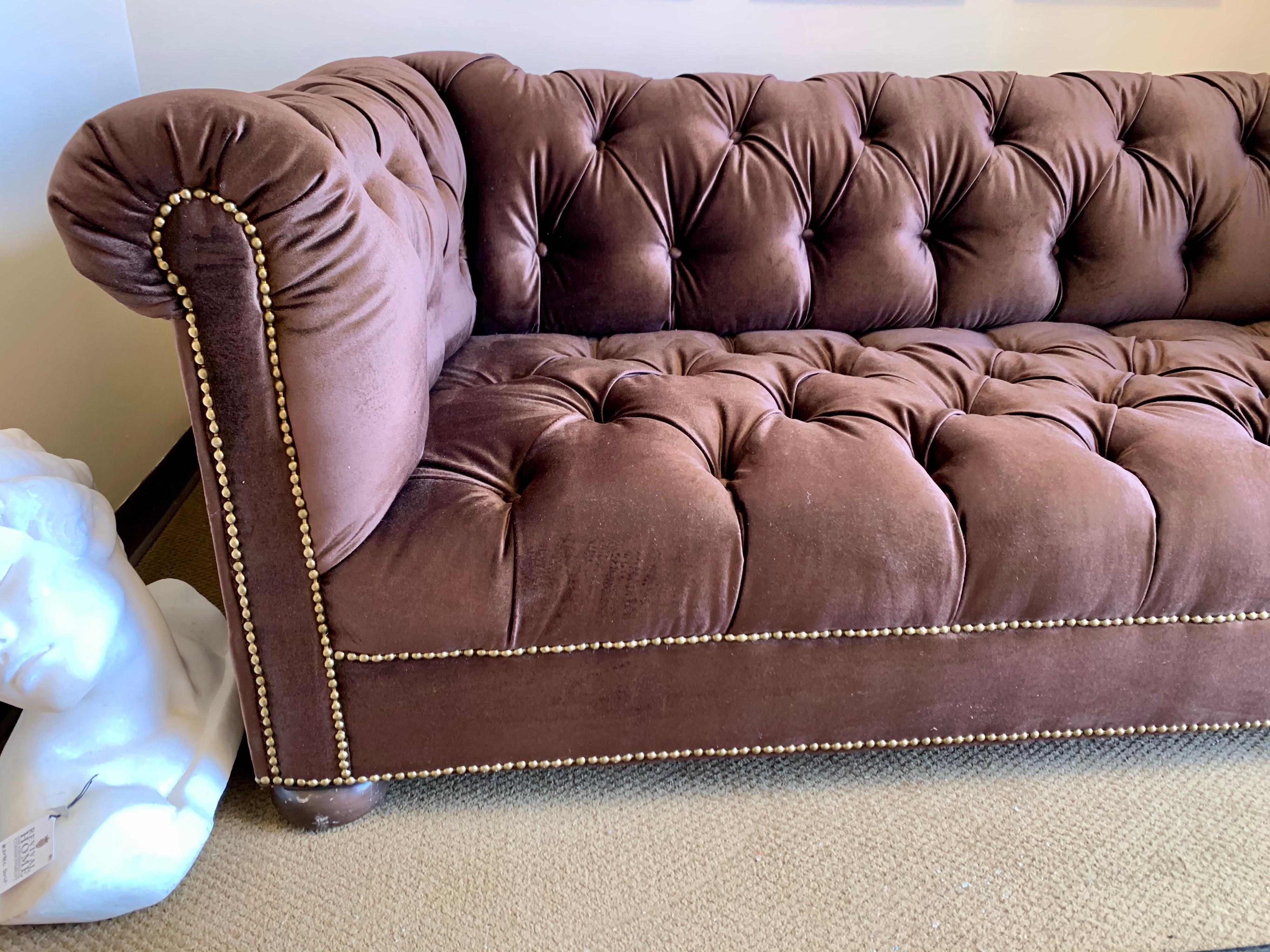 American Brunschwig & Fils Chesterfield Sofa Newly Upholstered in Chocolate Brown Velvet