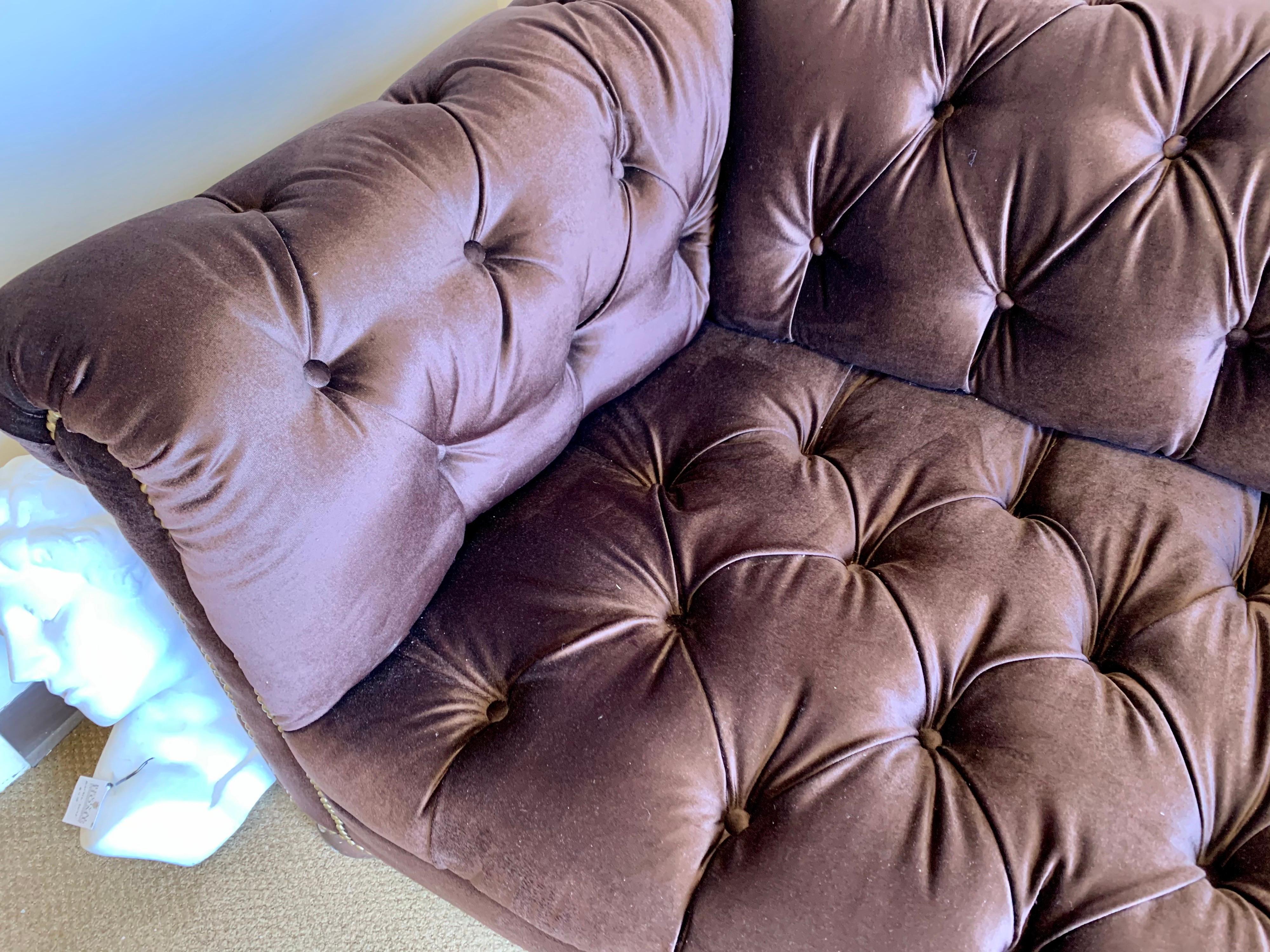 Brass Brunschwig & Fils Chesterfield Sofa Newly Upholstered in Chocolate Brown Velvet