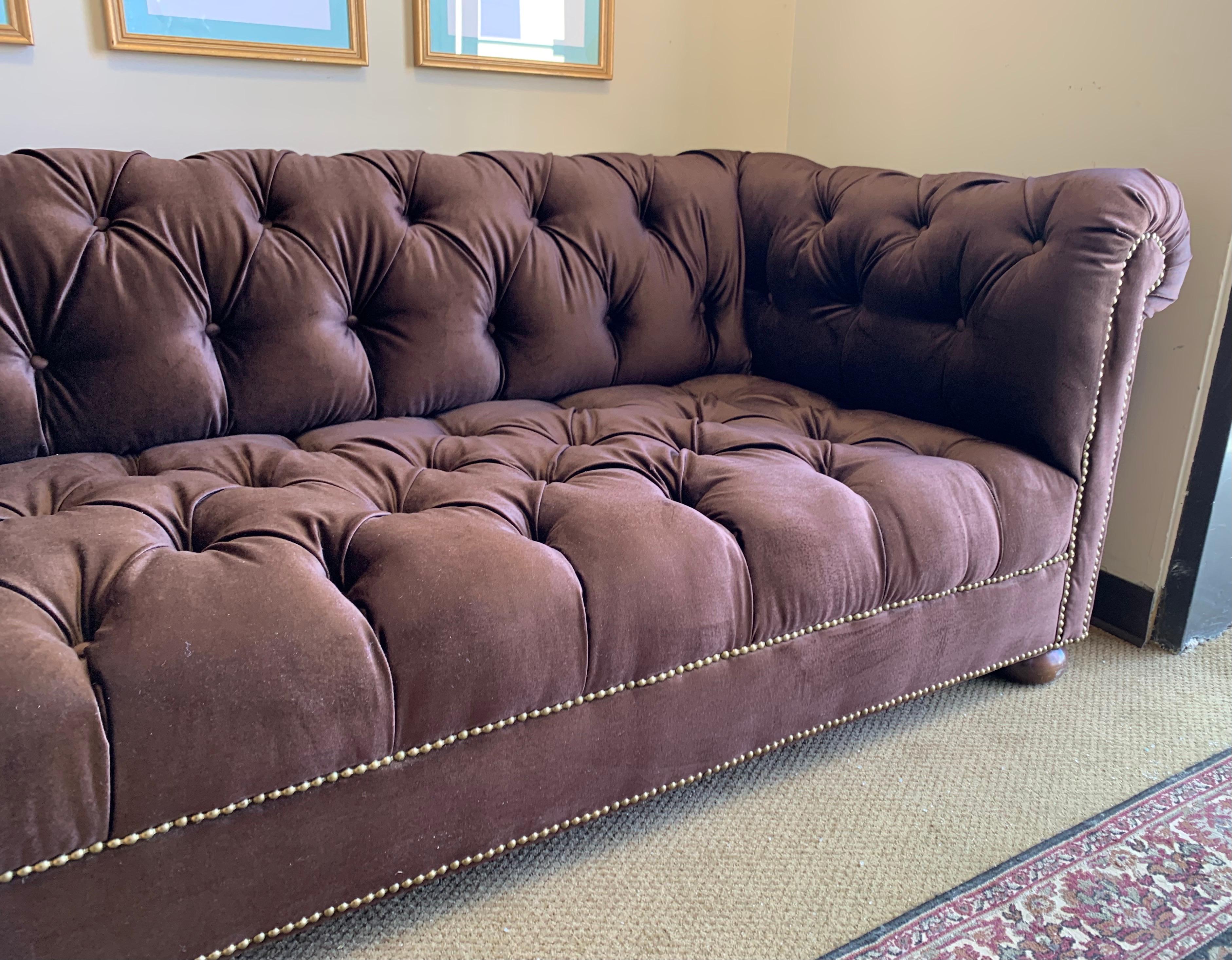 Brunschwig & Fils Chesterfield Sofa Newly Upholstered in Chocolate Brown Velvet 1