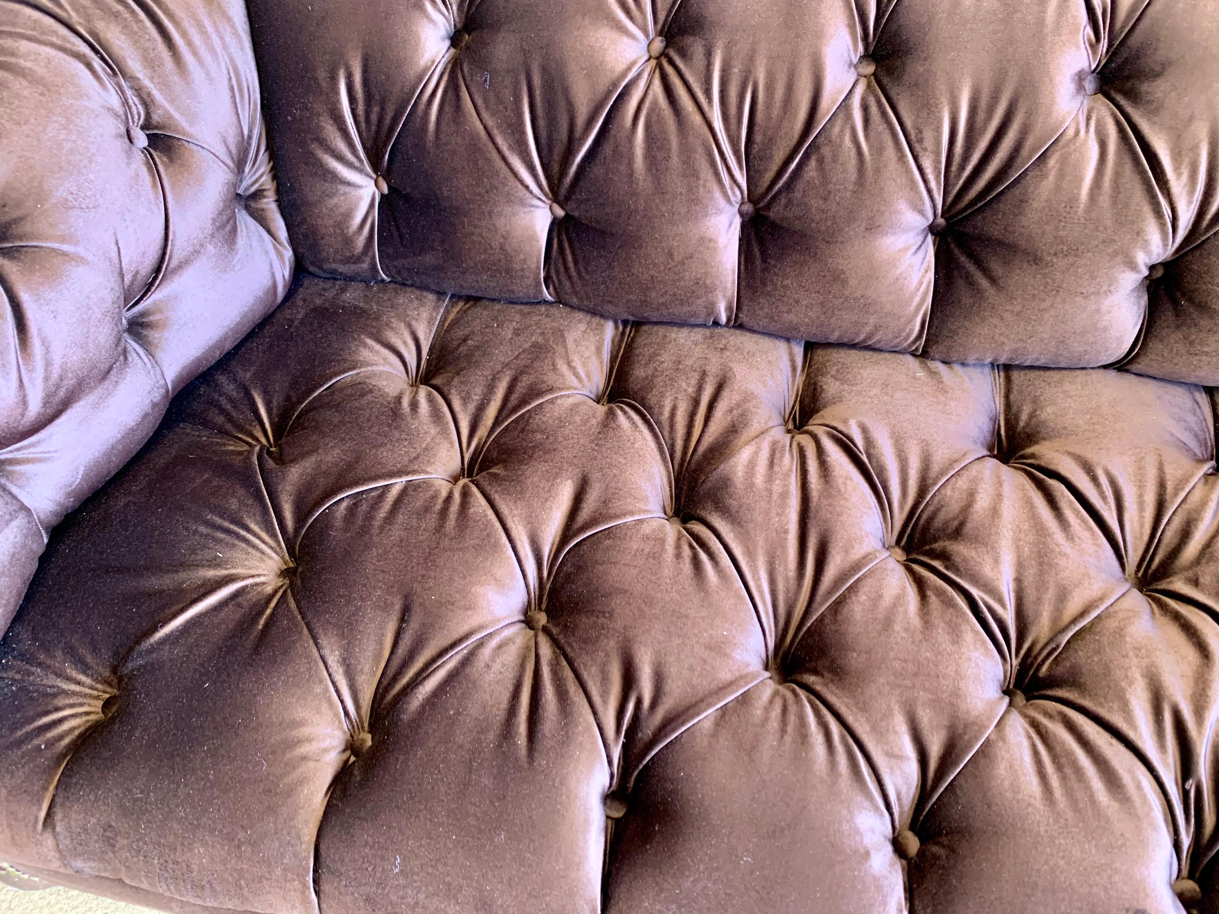 Brass Brunschwig & Fils Chesterfield Sofa Newly Upholstered in Chocolate Brown Velvet