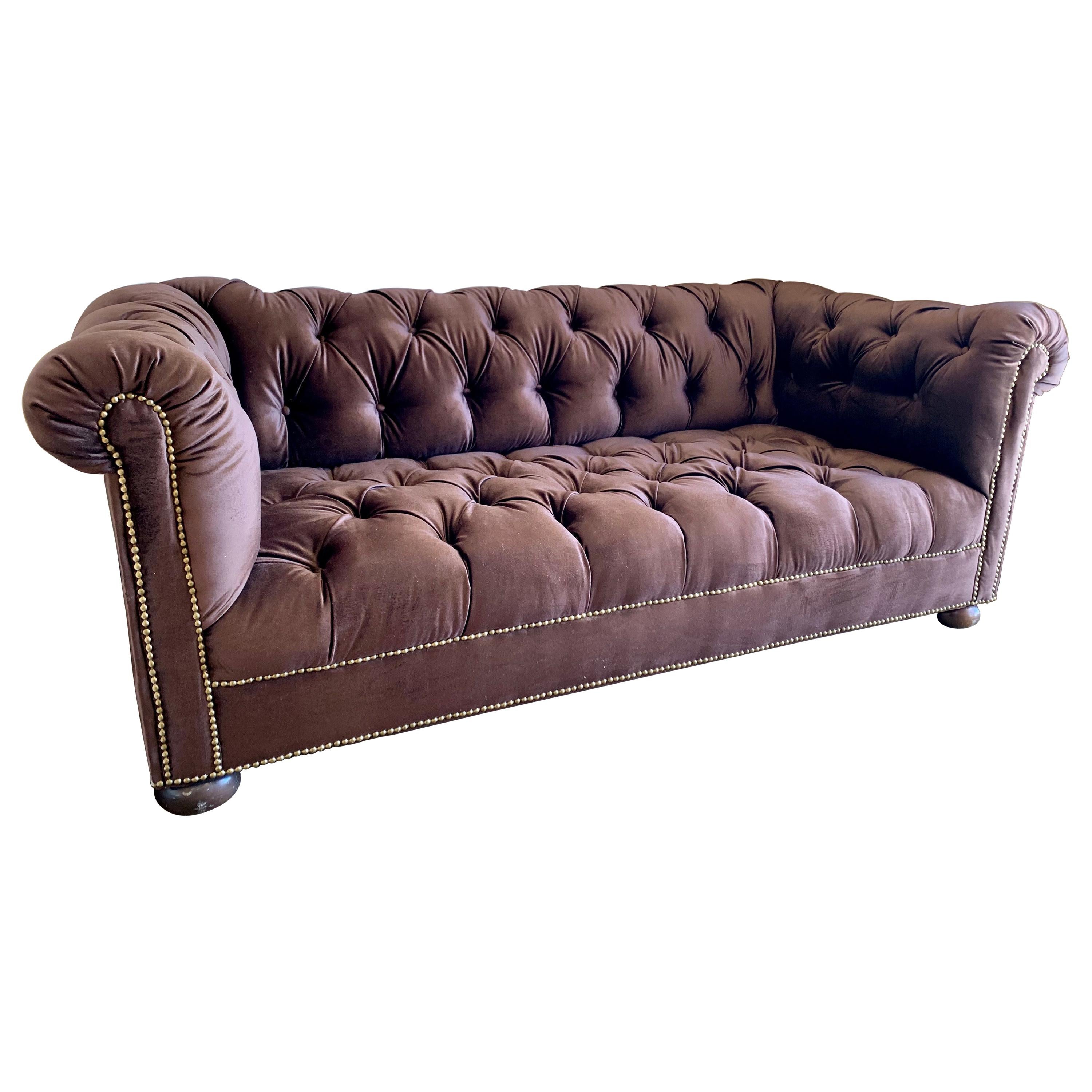 Brunschwig & Fils Chesterfield Sofa Newly Upholstered in Chocolate Brown Velvet