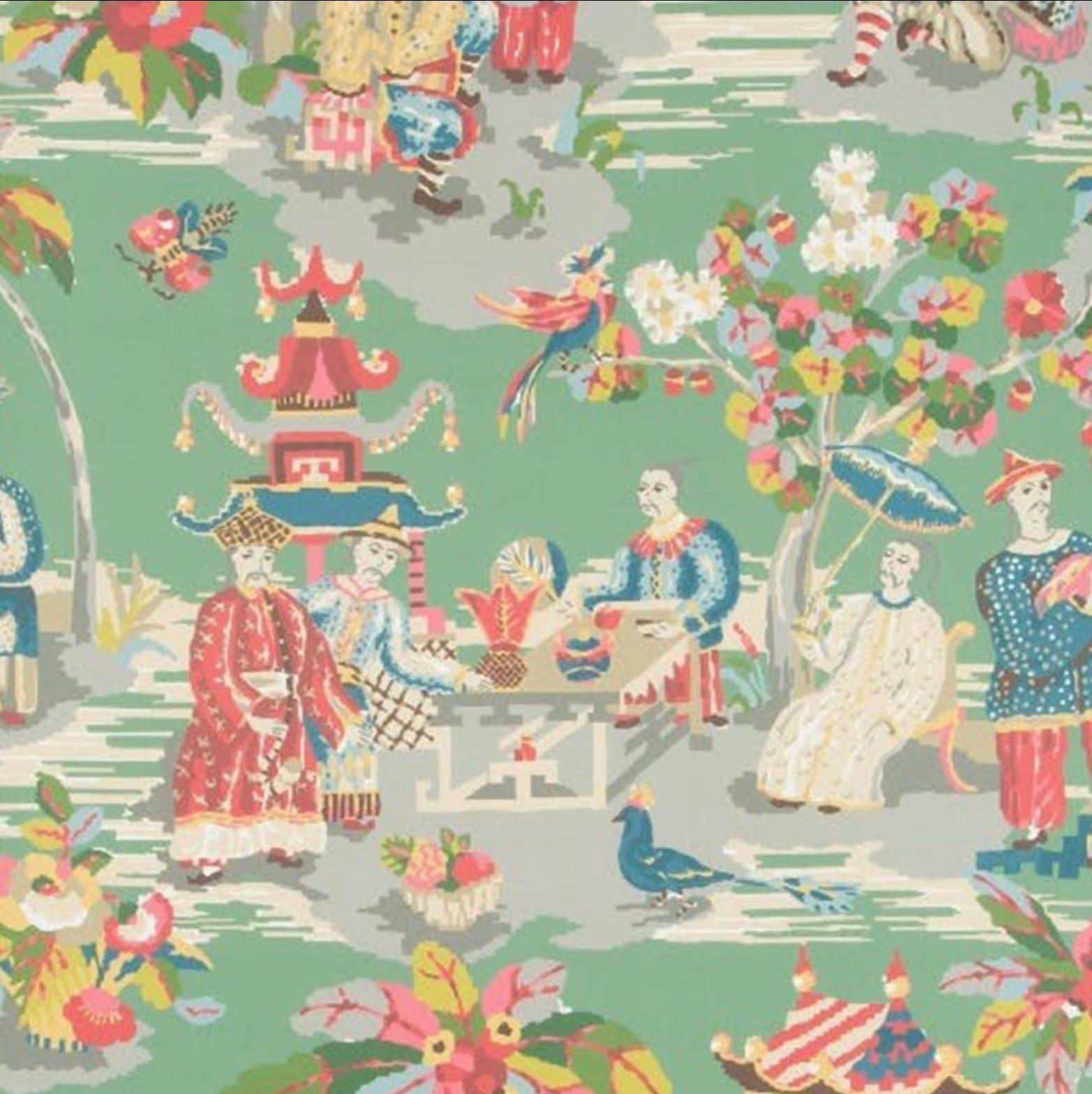 Brunschwig & Fils chinoiserie hand-printed Xian jade wallpaper double roll. Listing is for a double roll, approximate 11 yards, new. Gorgeous Figurative green and pink chinoiserie print by the iconic house of Brunschwig & Fils. Originally introduced