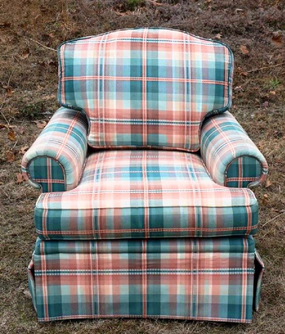 French Brunschwig & Fils Custom Oxford Armchair Cotton Check, Down, Plaid, Pink, Teal