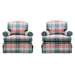 Brunschwig & Fils Custom Oxford Armchair Cotton Check, Down, Plaid, Pink, Teal