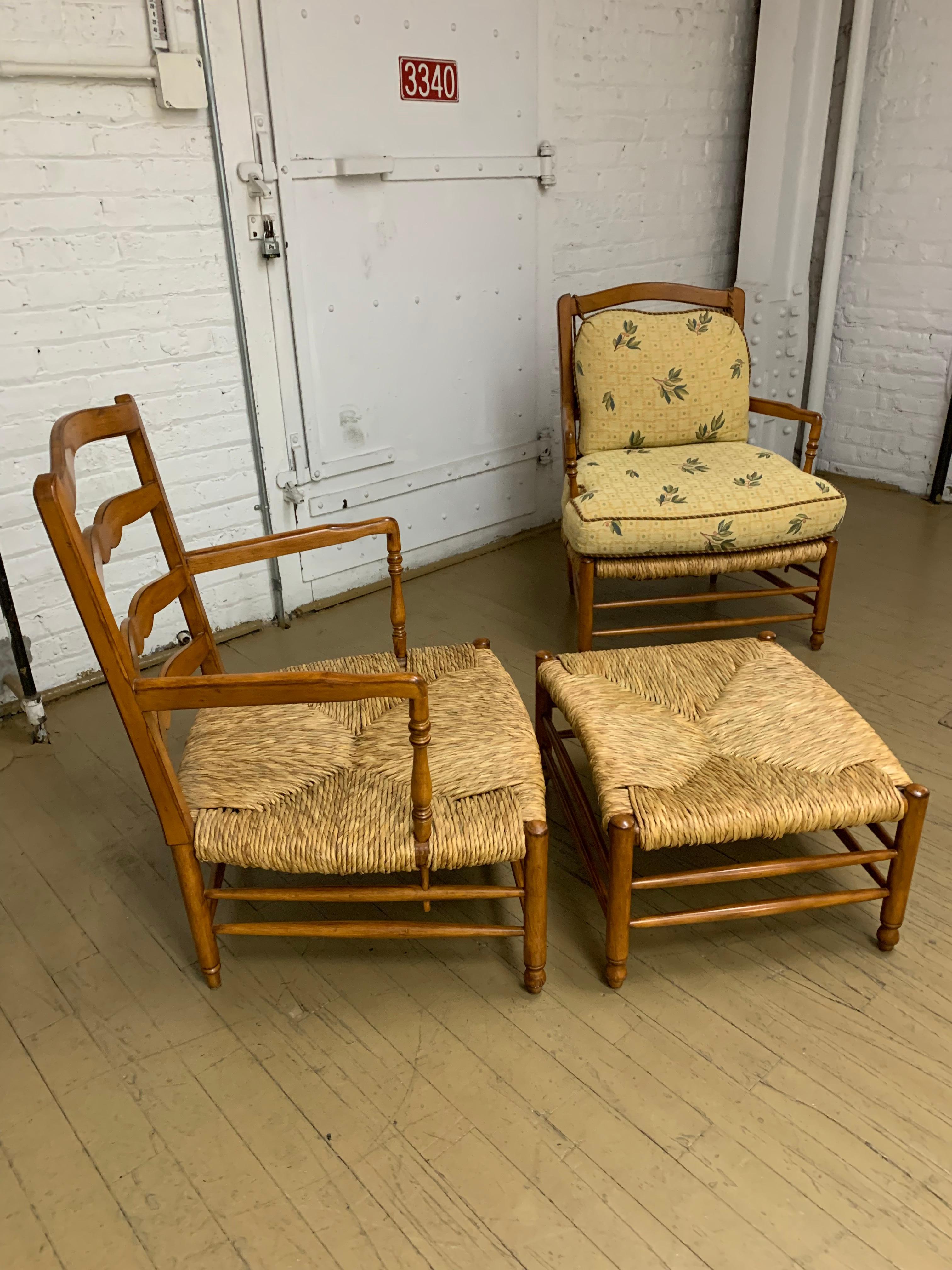 Brunschwig & Fils French Country Armchairs and Ottoman, Set of 3 For Sale 3