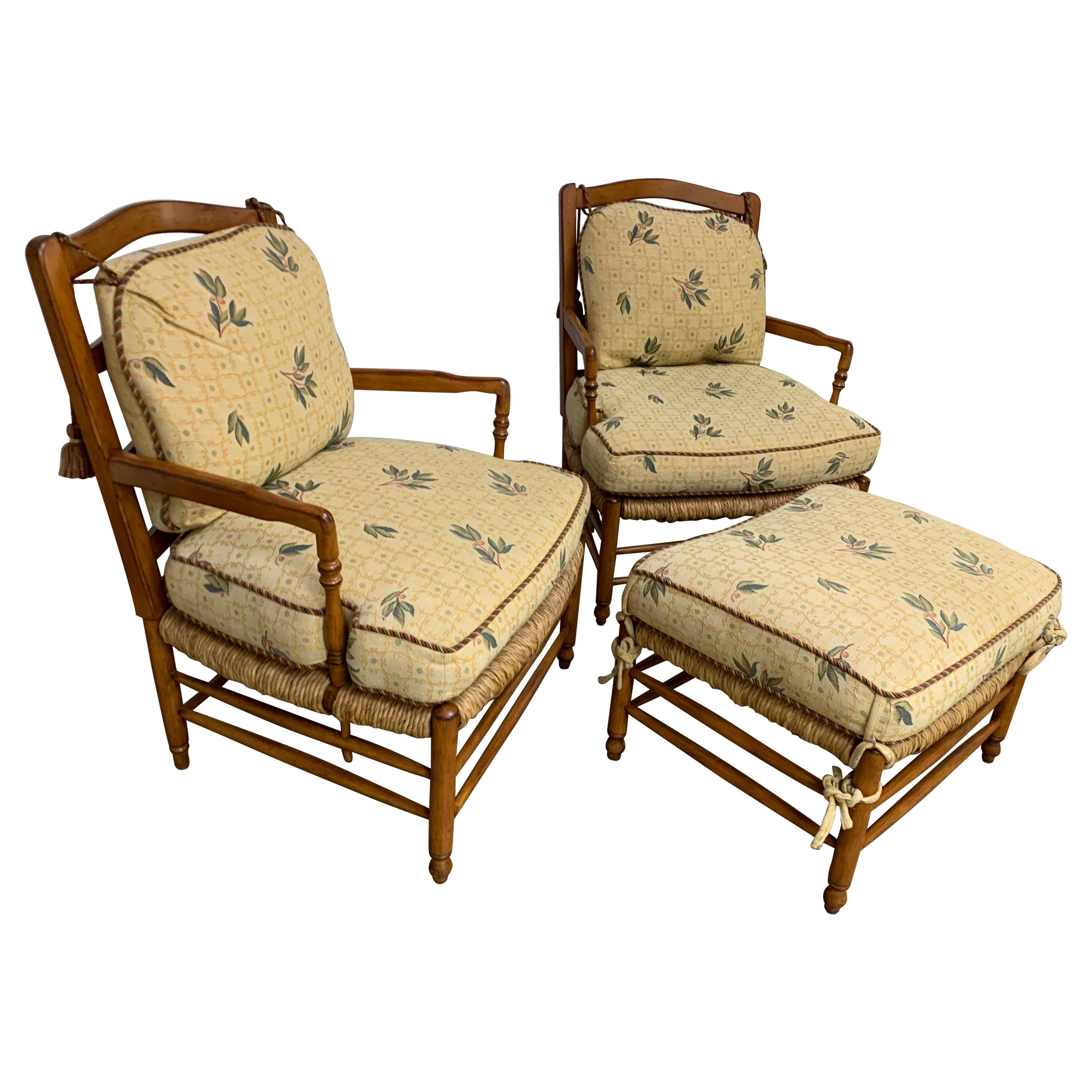 Brunschwig & Fils French Country Armchairs and Ottoman, Set of 3 For Sale