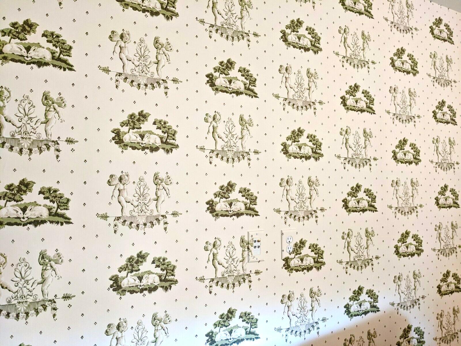 Brunschwig & Fils hand-printed Cherubin et Lapins, wallpaper, angels and rabbits, 2000. Vintage, rare, out of print design featuring alternating scenes of rabbits and cherubs surrounded by trees and greenery including acanthus leaves. This listing