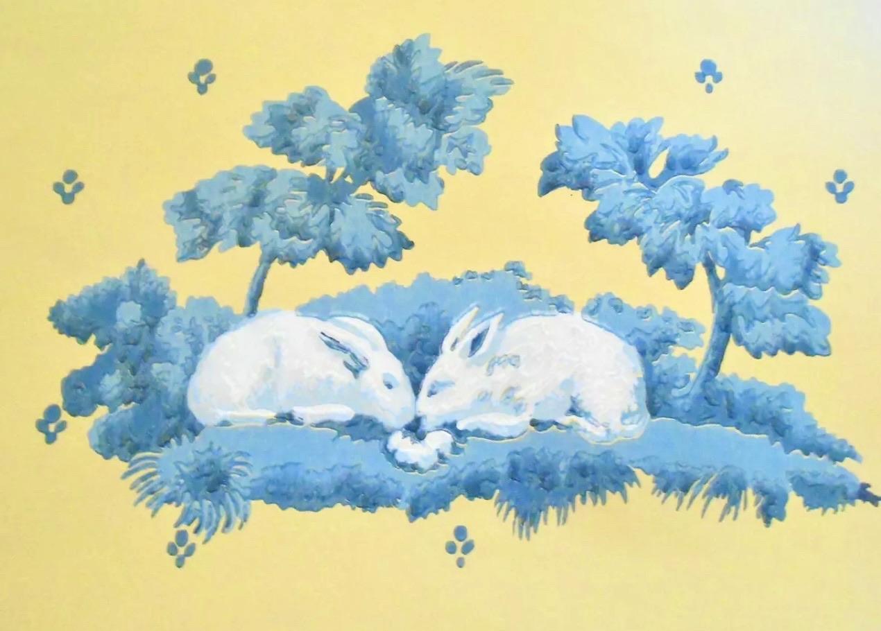 Brunschwig & Fils hand-printed Cherubin et Lapins, wallpaper, angels and rabbits, 2000. Lovely yellow background with blue figuration. Vintage, rare, out of print design featuring alternating scenes of rabbits and cherubs surrounded by trees and