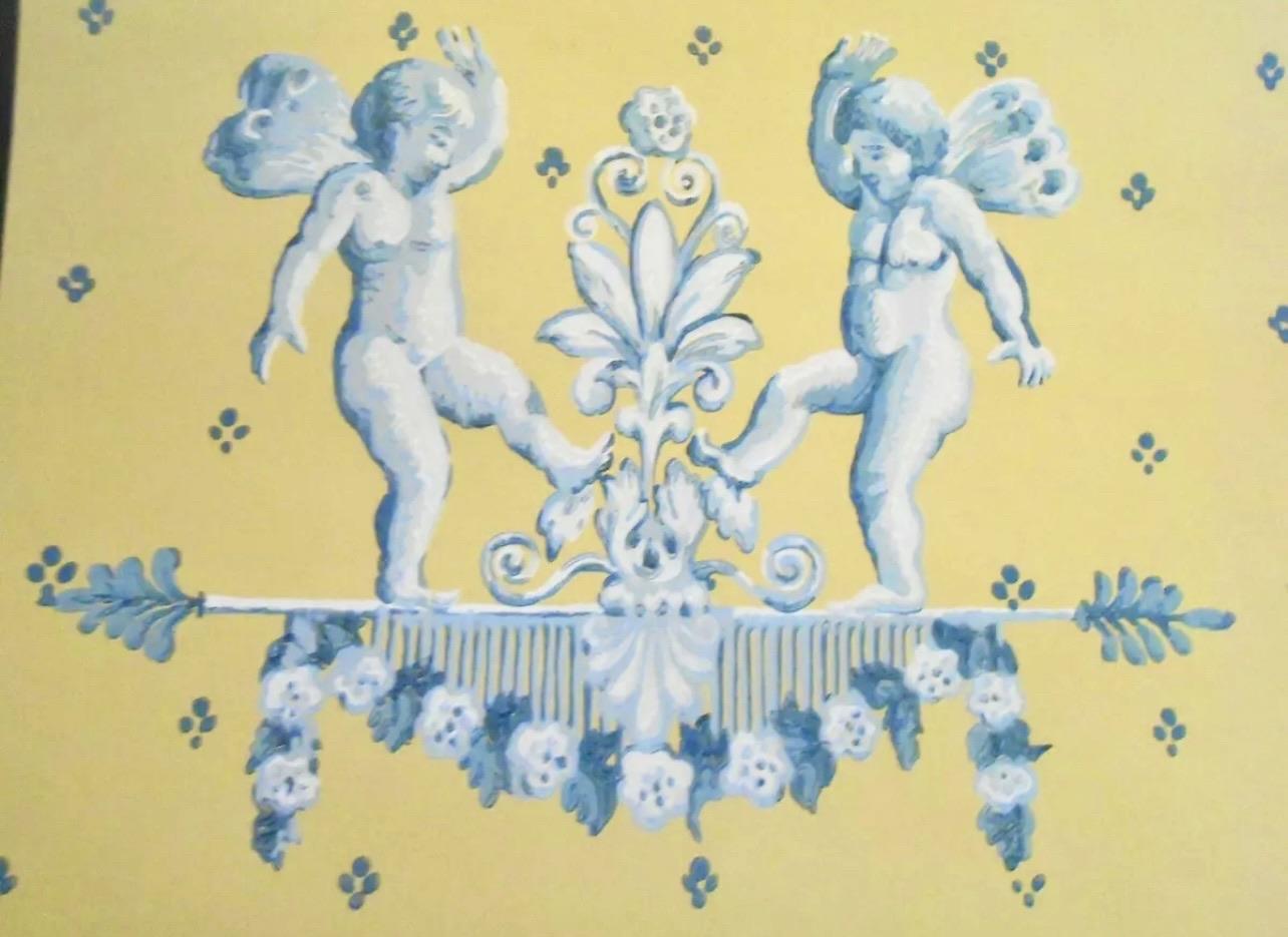 Brunschwig & Fils Hand-Printed Cherubin et Lapins, Wallpaper, Angels and Rabbits In Excellent Condition For Sale In Brooklyn, NY