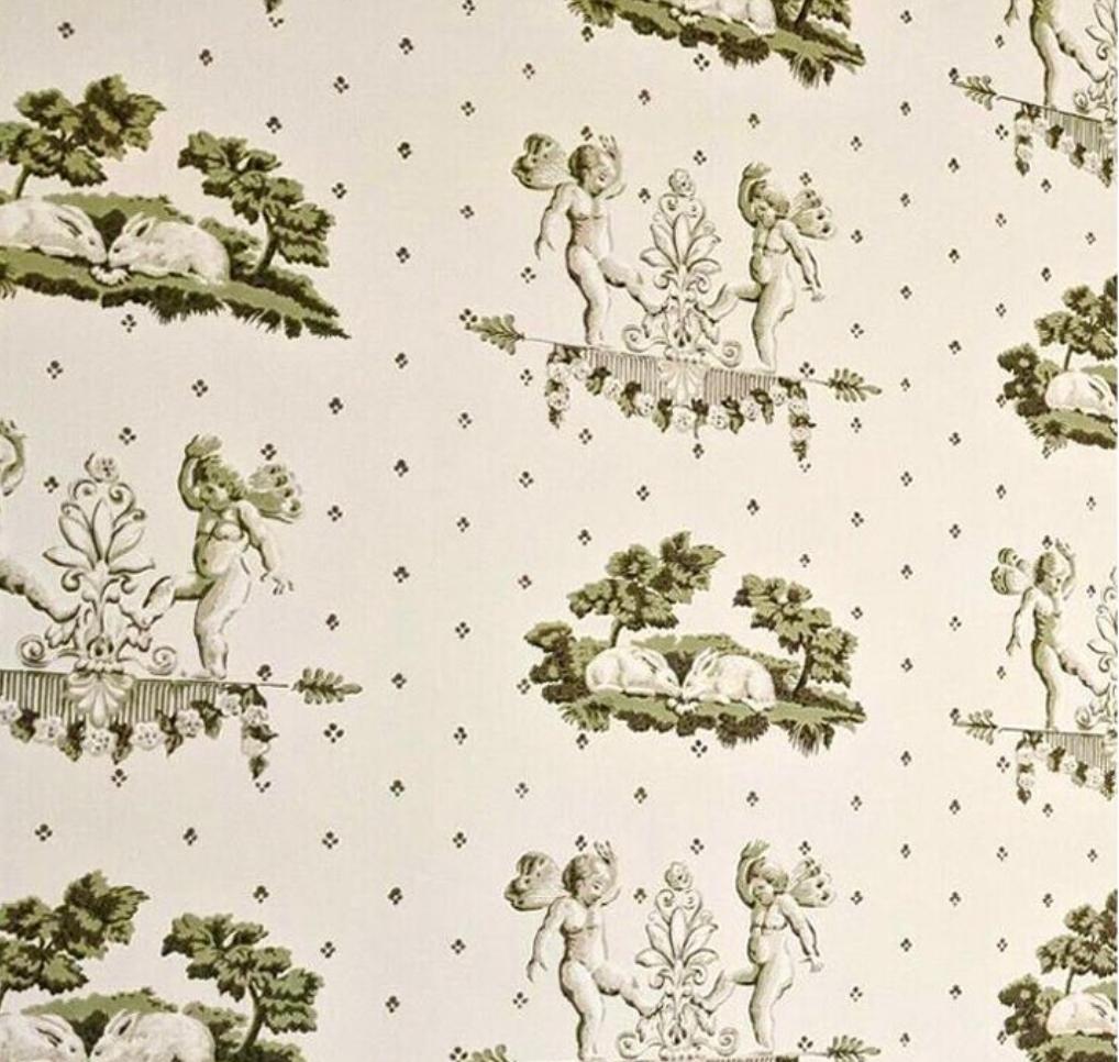 Brunschwig & Fils Hand-Printed Cherubin et Lapins, Wallpaper, Angels and Rabbits For Sale 1