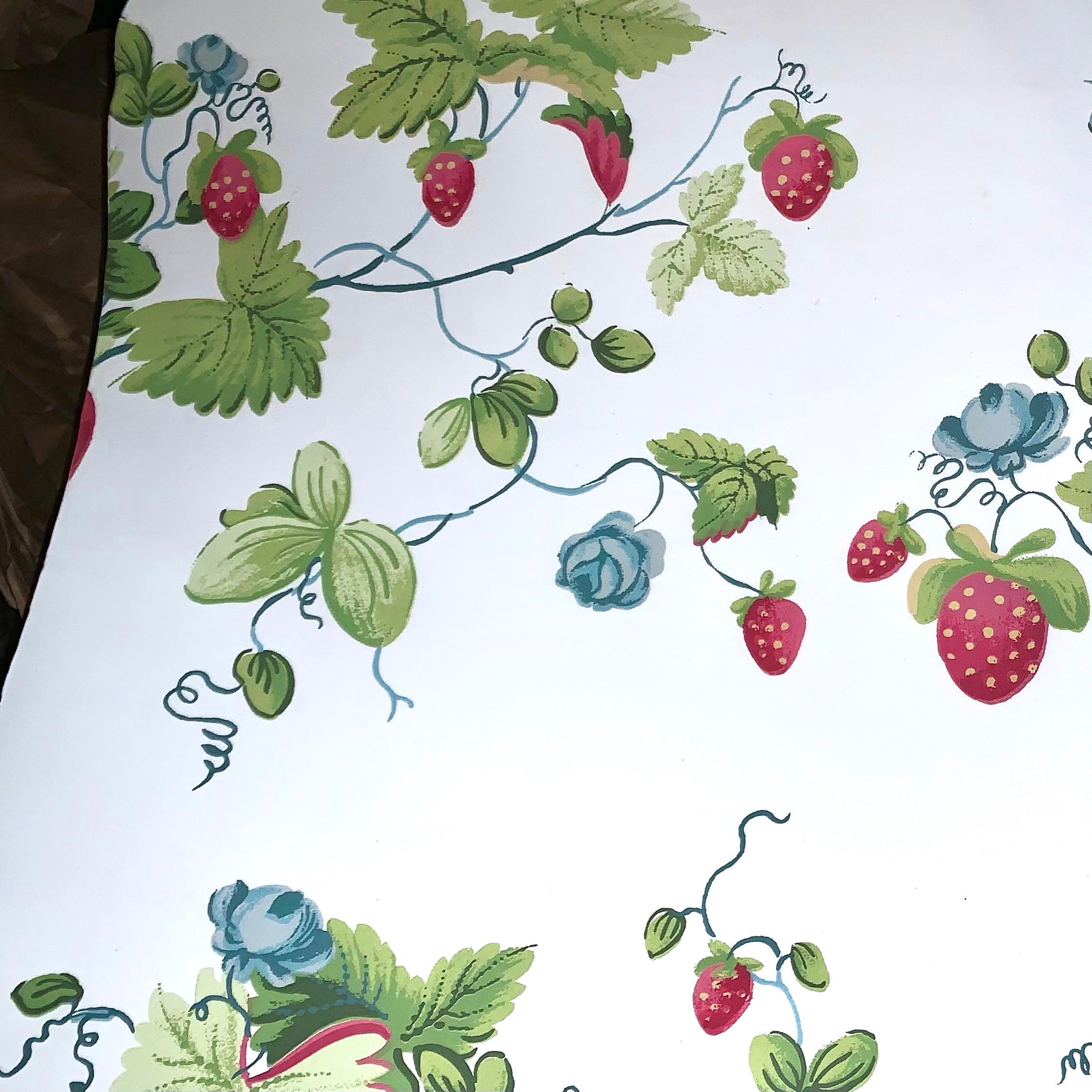 Brunschwig & Fils Historic Deerfield Massachusetts Berries A La Mode wallpaper. Rare hand-printed strawberry on the vine paper from the Historic Deerfield Collection. Listing includes three whole triple rolls, unopened, and one opened triple roll