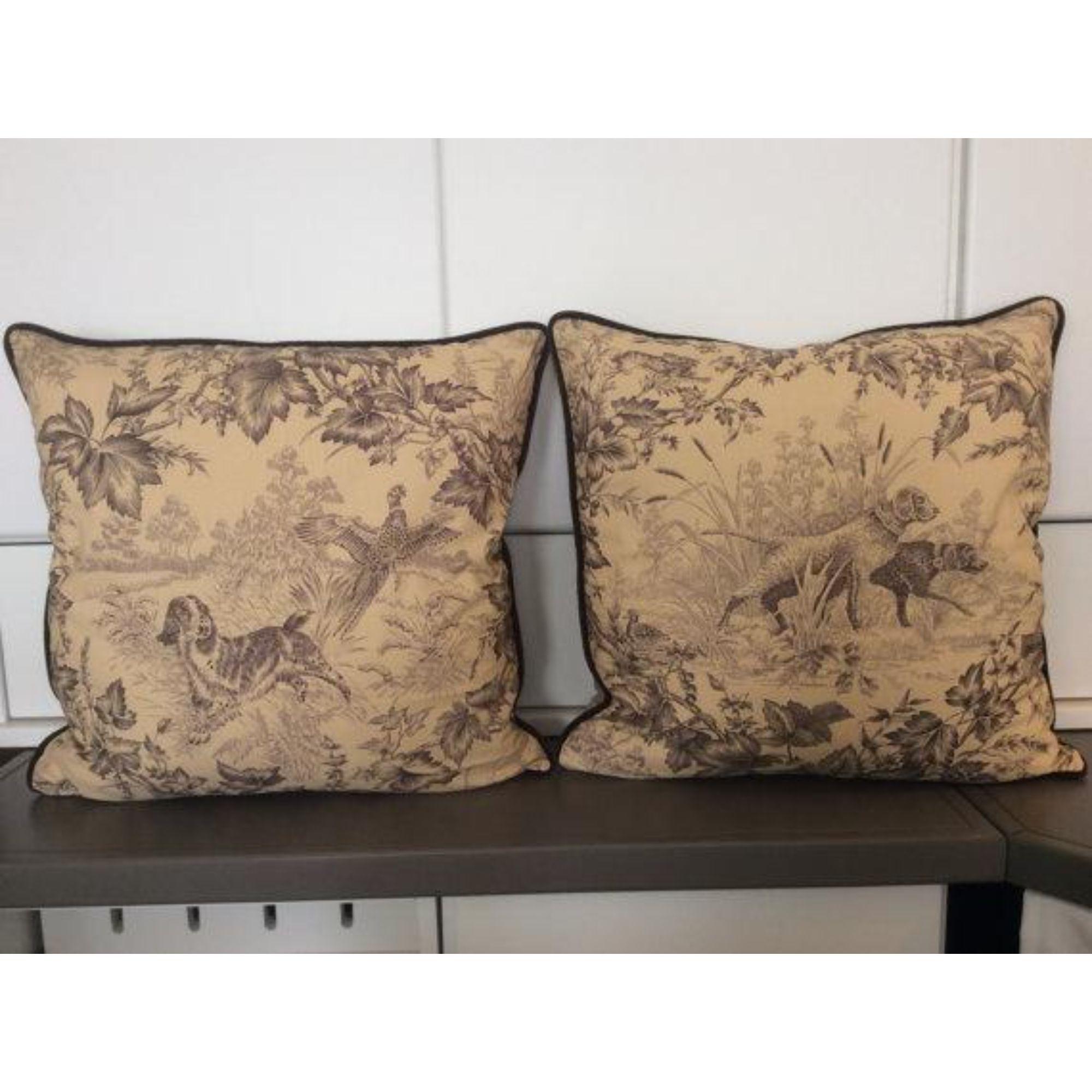 A classic! Hunting Toile from Brunschwig and Fils in tobacco and cream features a printed fabric depicting birds and hunting dogs. Colors are soft brown on cream and have been further enhanced with a soft brown linen cord and coordinating linen