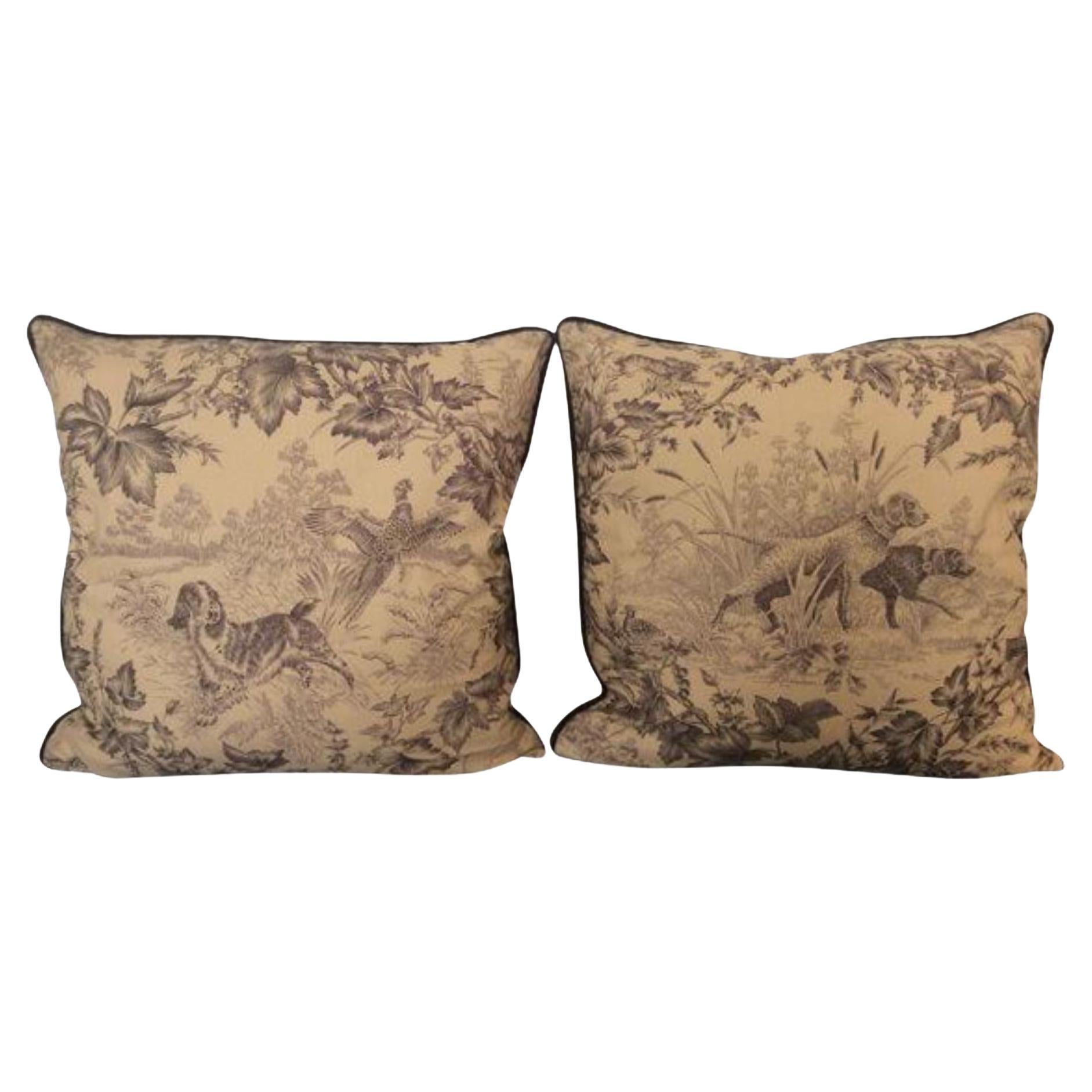 Brunschwig & Fils Hunting Toile in Tobacco & Cream Pillows - a Pair For Sale