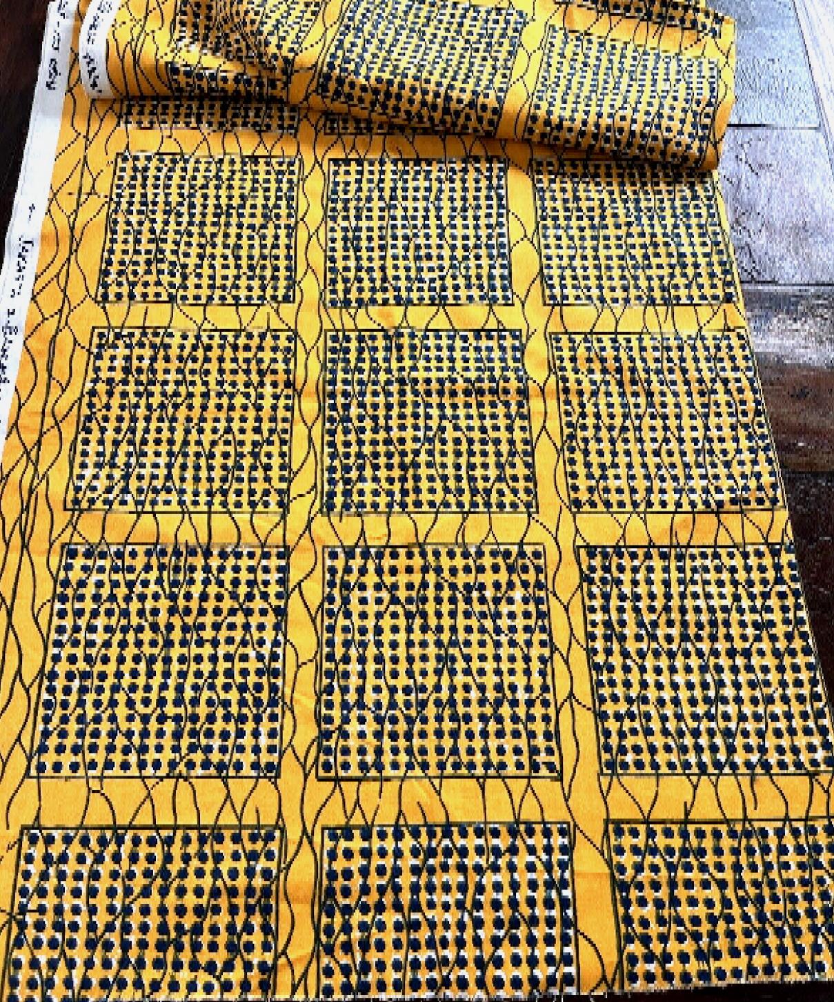 Textil estampado a mano Brunschwig & Fils Yakarta, geométrico amarillo y azul, años 70. Moderno de mediados de siglo en venta