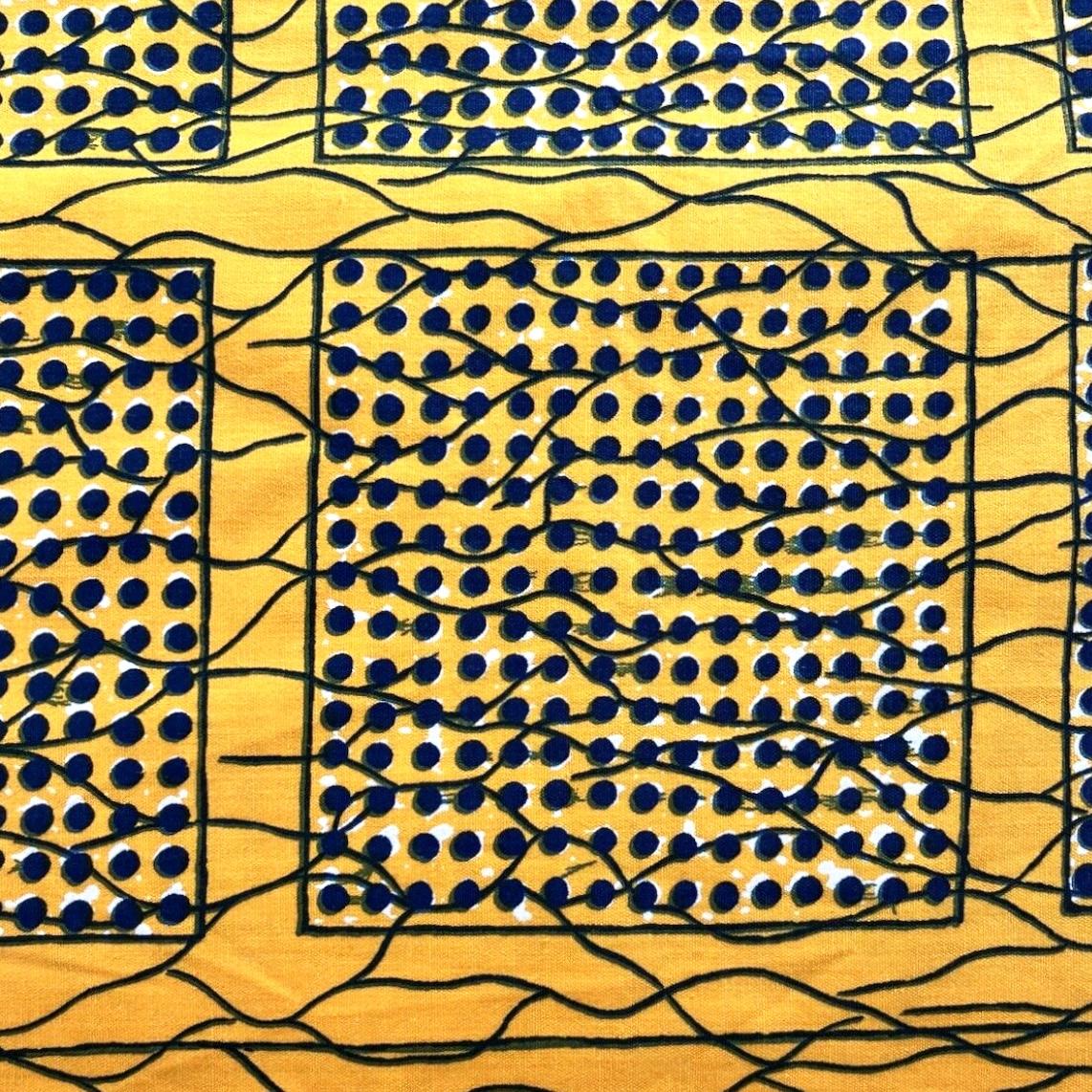 Textil estampado a mano Brunschwig & Fils Yakarta, geométrico amarillo y azul, años 70. en Bueno estado para la venta en Brooklyn, NY