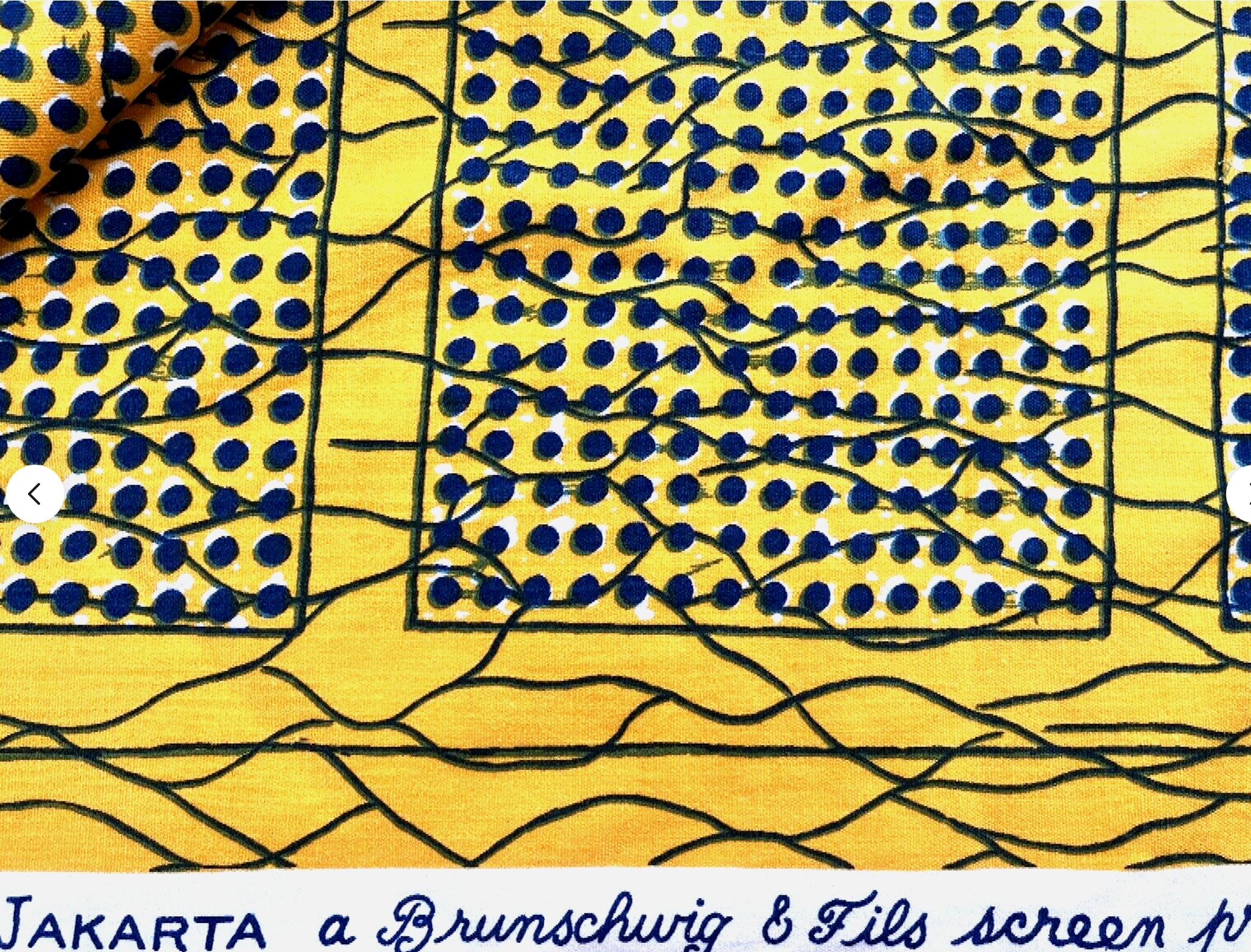 Textil estampado a mano Brunschwig & Fils Yakarta, geométrico amarillo y azul, años 70. siglo XX en venta