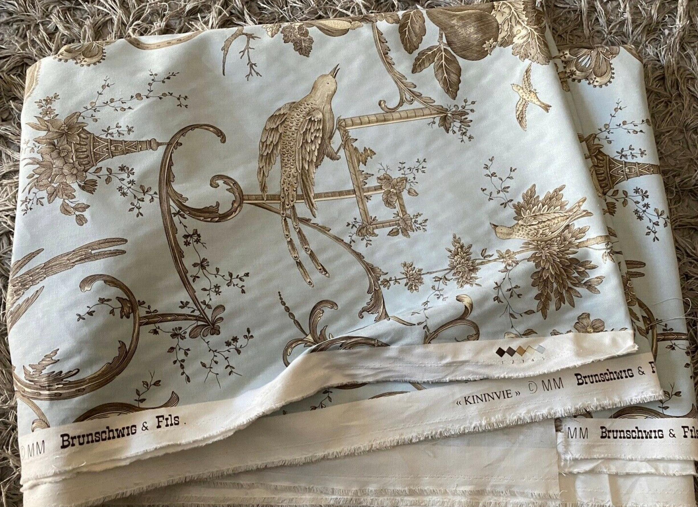 Brunschwig & Fils hand-printed Kininvie neoclassical cotton textile, robin’s egg blue, 2000. Iconic historical print from the venerable textile house of Brunschwig & Fils. Based on an English copperplate design that dates back to 1789. Made in