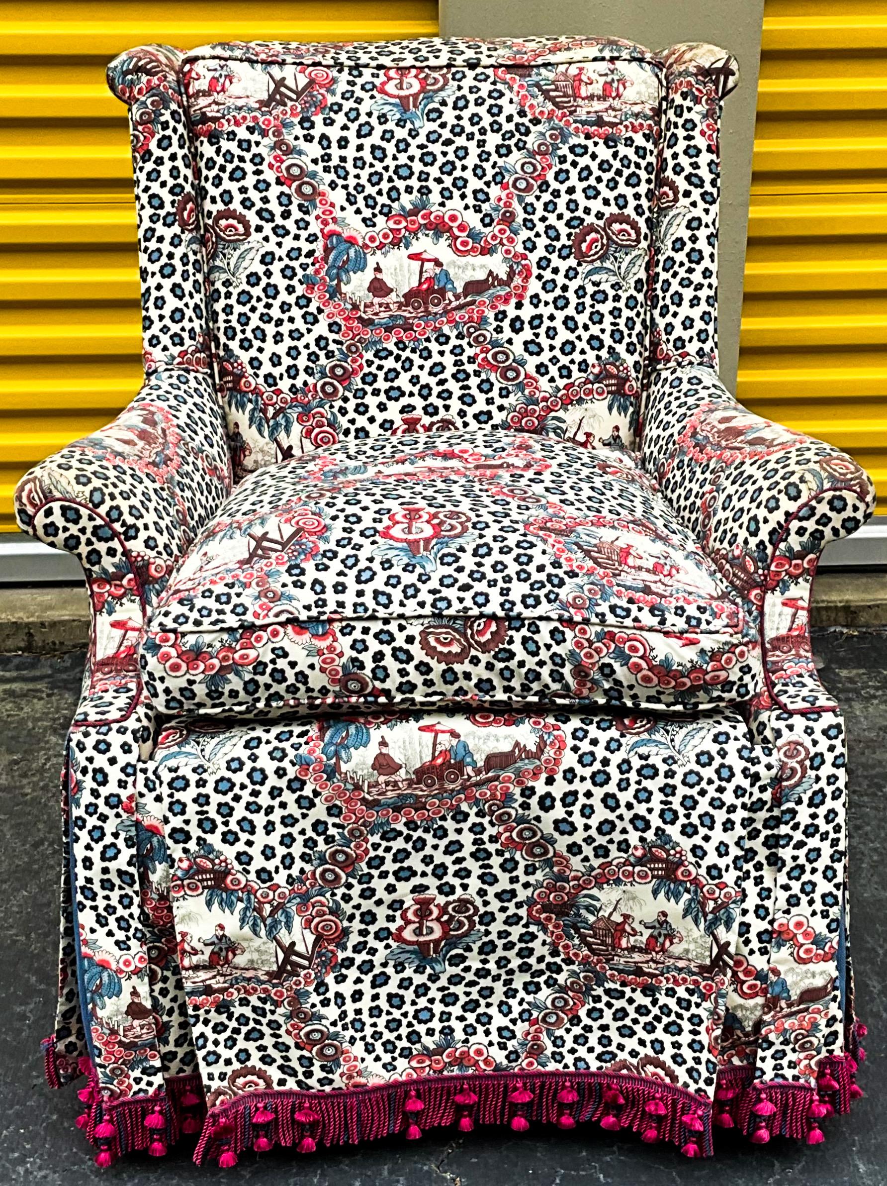 This is a 1930s wingback chair that was upholstered in the 1970s in this wonderful Brunschwig and Fils chinoiserie and leopard upholstery. The lady who had this upholstered was clearly a woman after my own heart with elaborate trim details