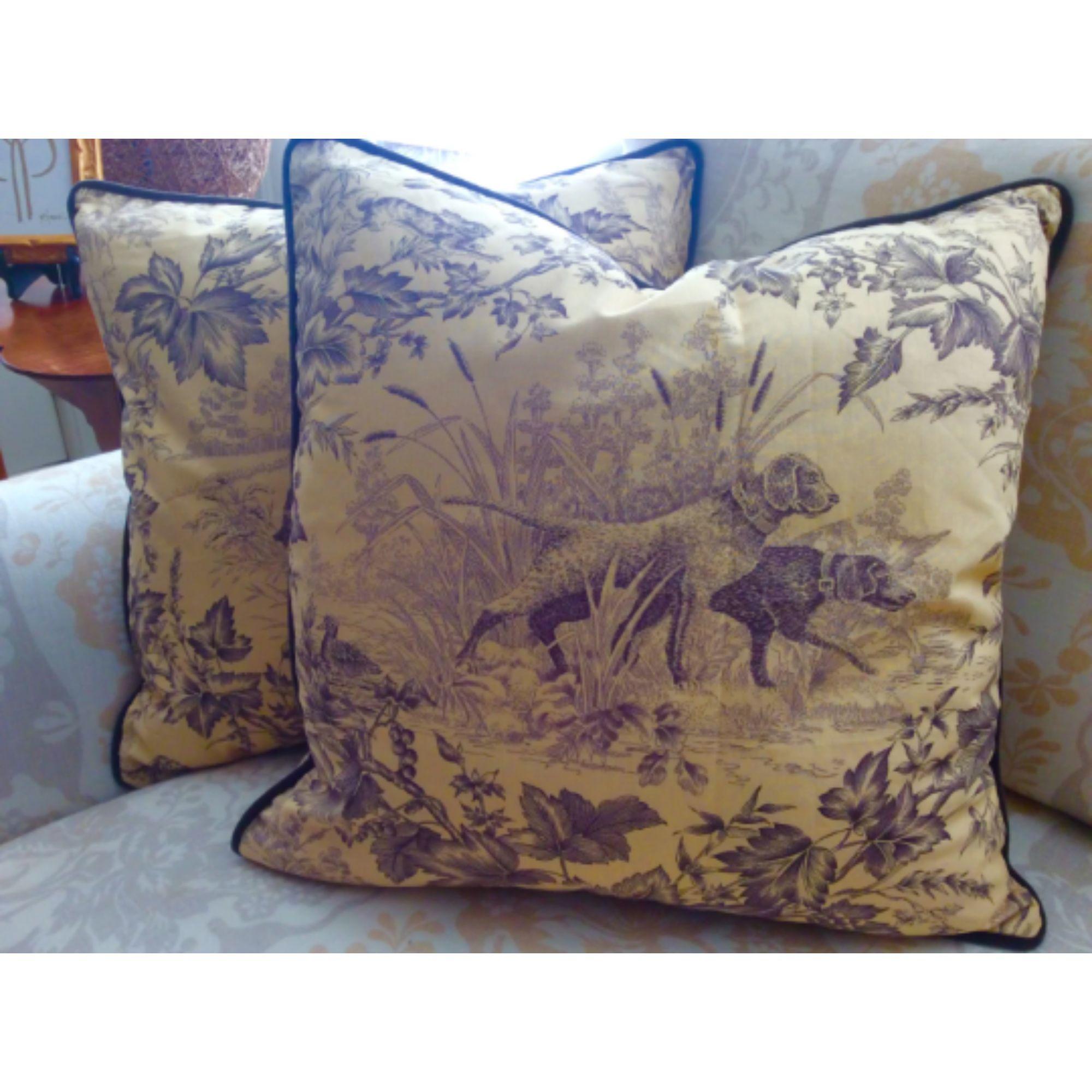 A classic! Hunting Toile from Brunschwig and Fils in tobacco and cream features a printed fabric depicting birds and hunting dogs. Colors are soft brown on cream and have been further enhanced with a brown cord and coordinating linen back.

One