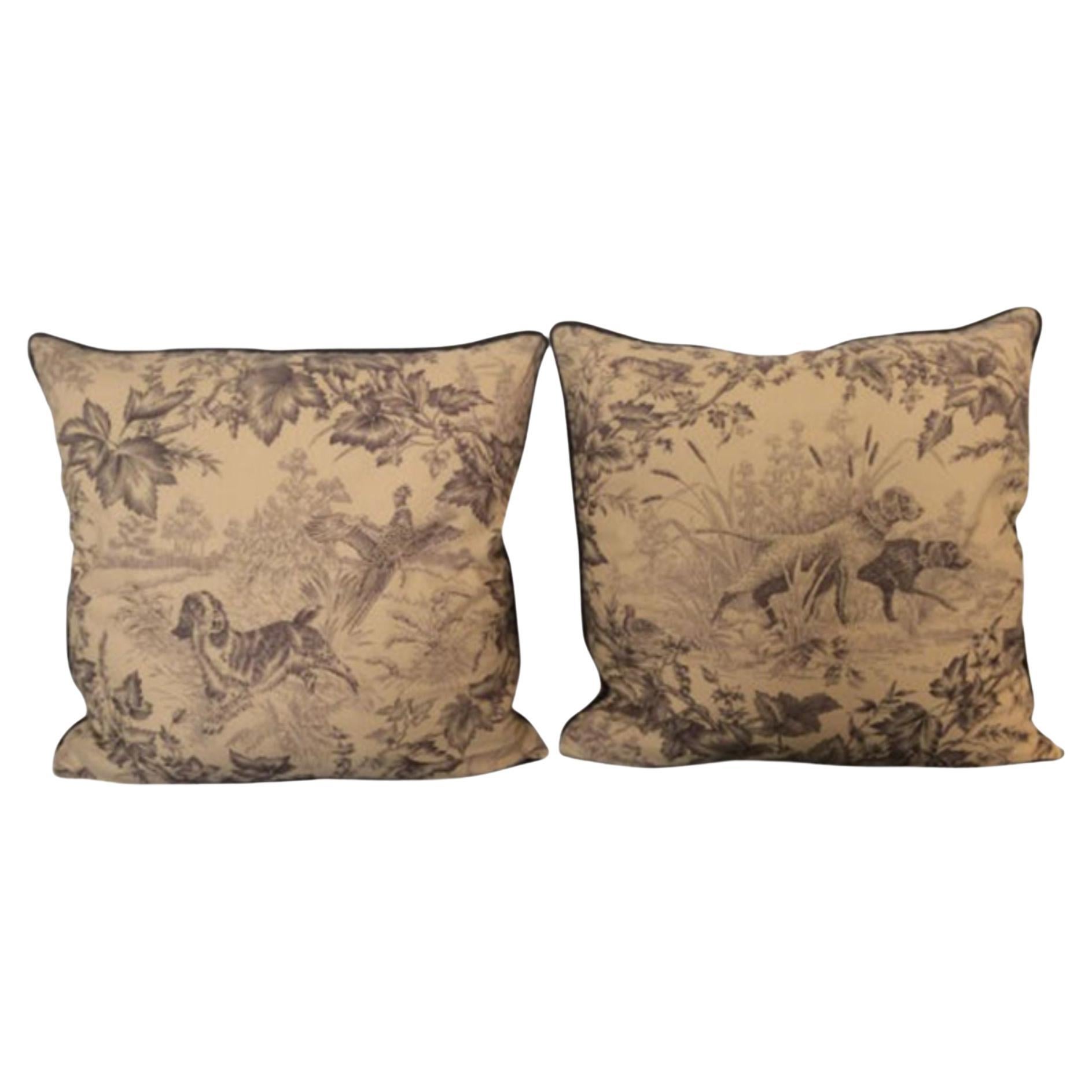 Brunschwig & Fils “On Point”-Hunting Toile in Tobacco and Cream-Pillows - a Pair For Sale