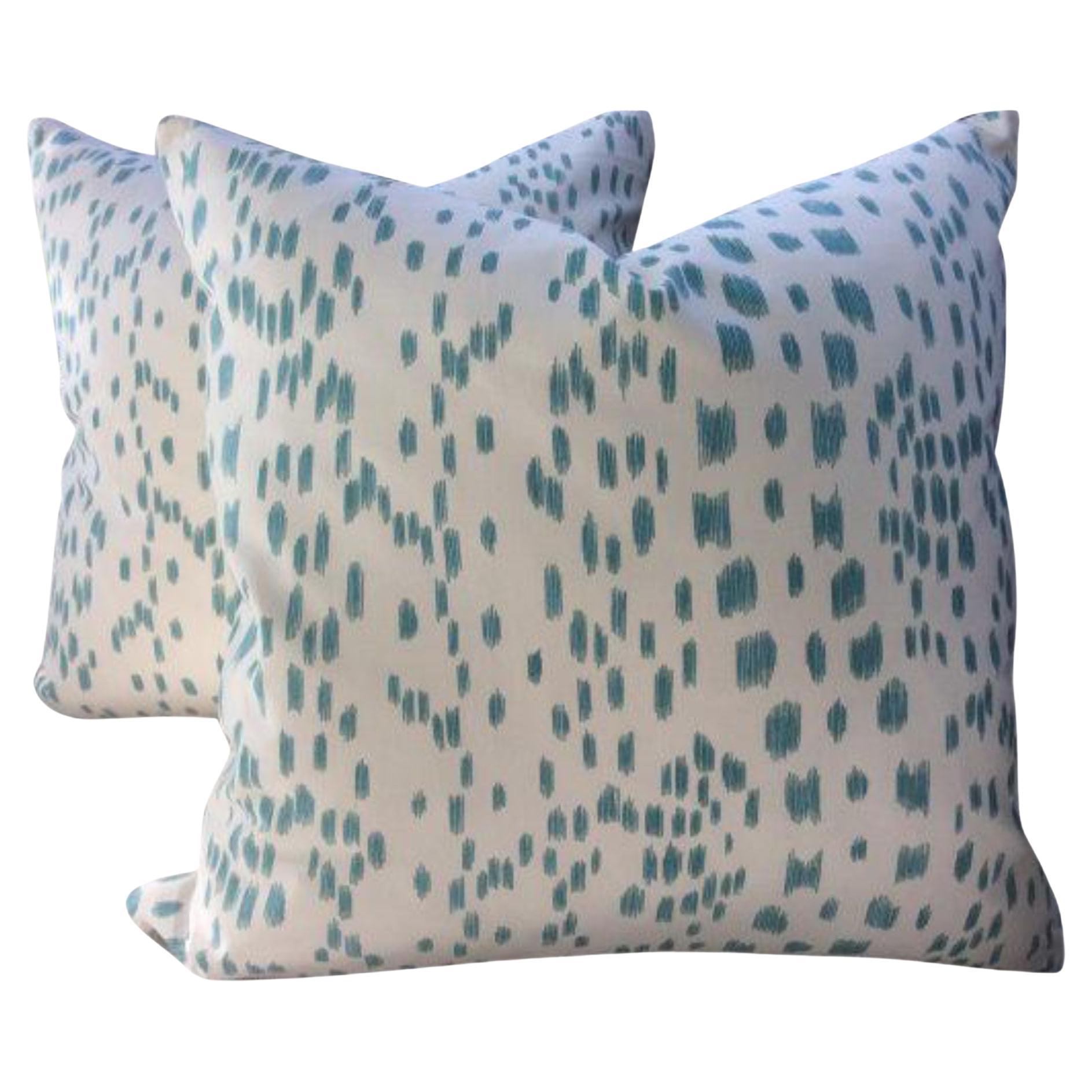 Brunschwig & Fils Pillows in Les Touches Aqua and Cream Cotton - a Pair For Sale