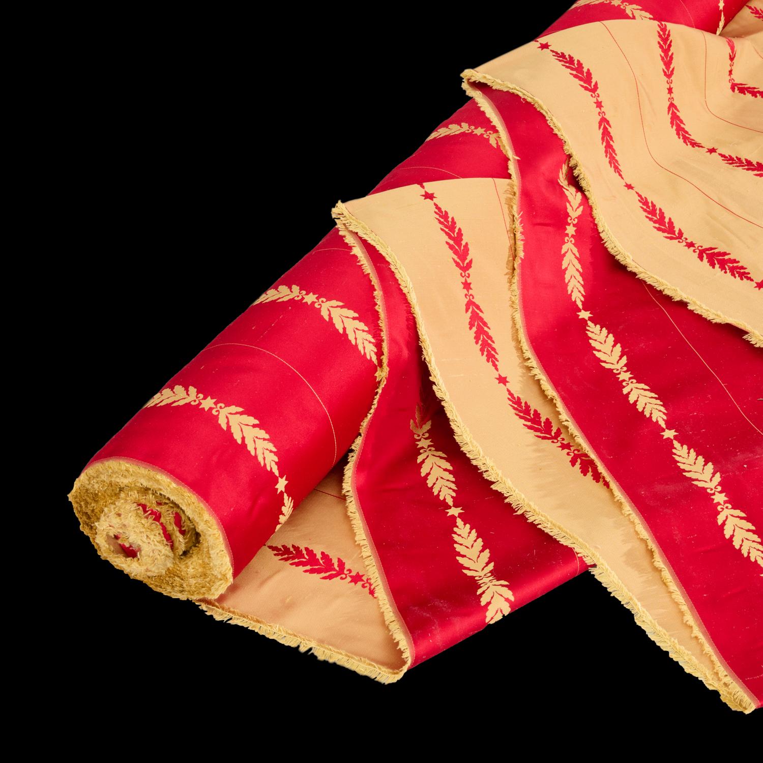 20th century, 45 Yards (approx) of Brunschwig and Fils reversible cherry red silk satin with gold foliate stripe design. This fabric was designed and woven exclusively for the Clinton White House during the refurbishment of the Cross Hall and Stair.
