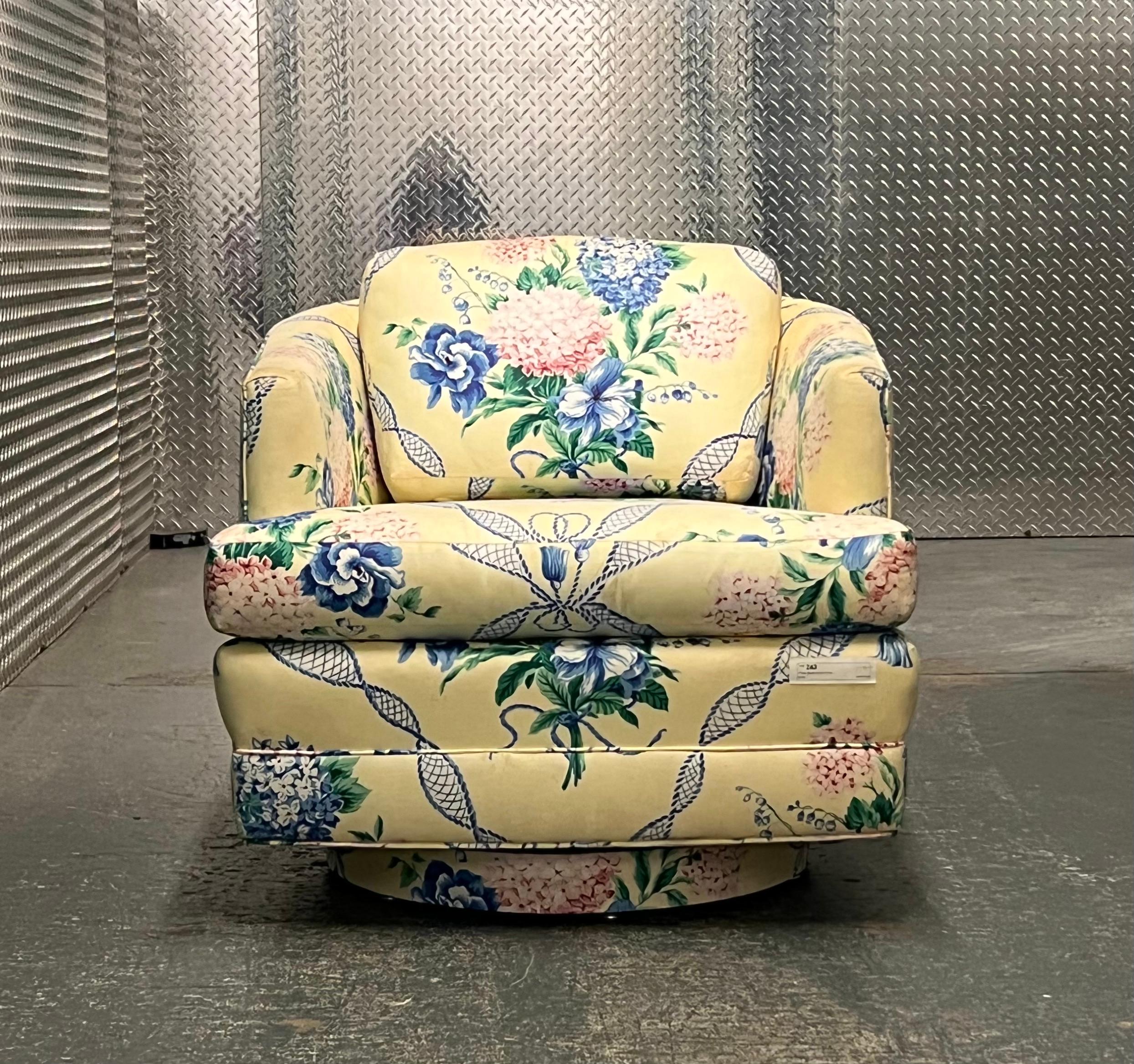 Brunschwig & Fils swivel club chair pastel yellow blue and pink floral hydrangea. A breath of fresh postmodern air for the modern interior or the pastel icing on top of a rich traditional decor.
 