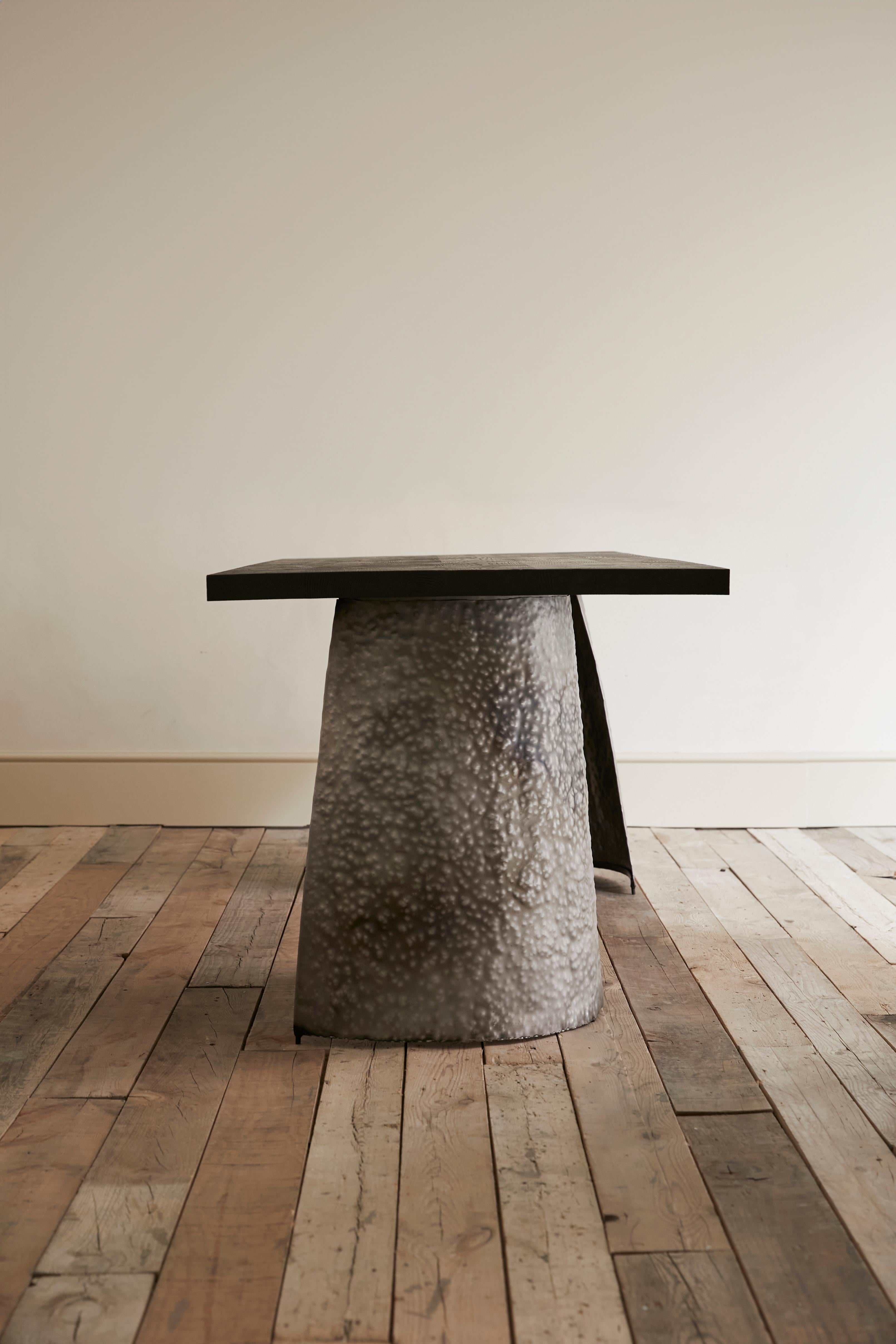 Contemporary Bruo hammered steel & burned wood dining table and stools, contemporary handmade For Sale