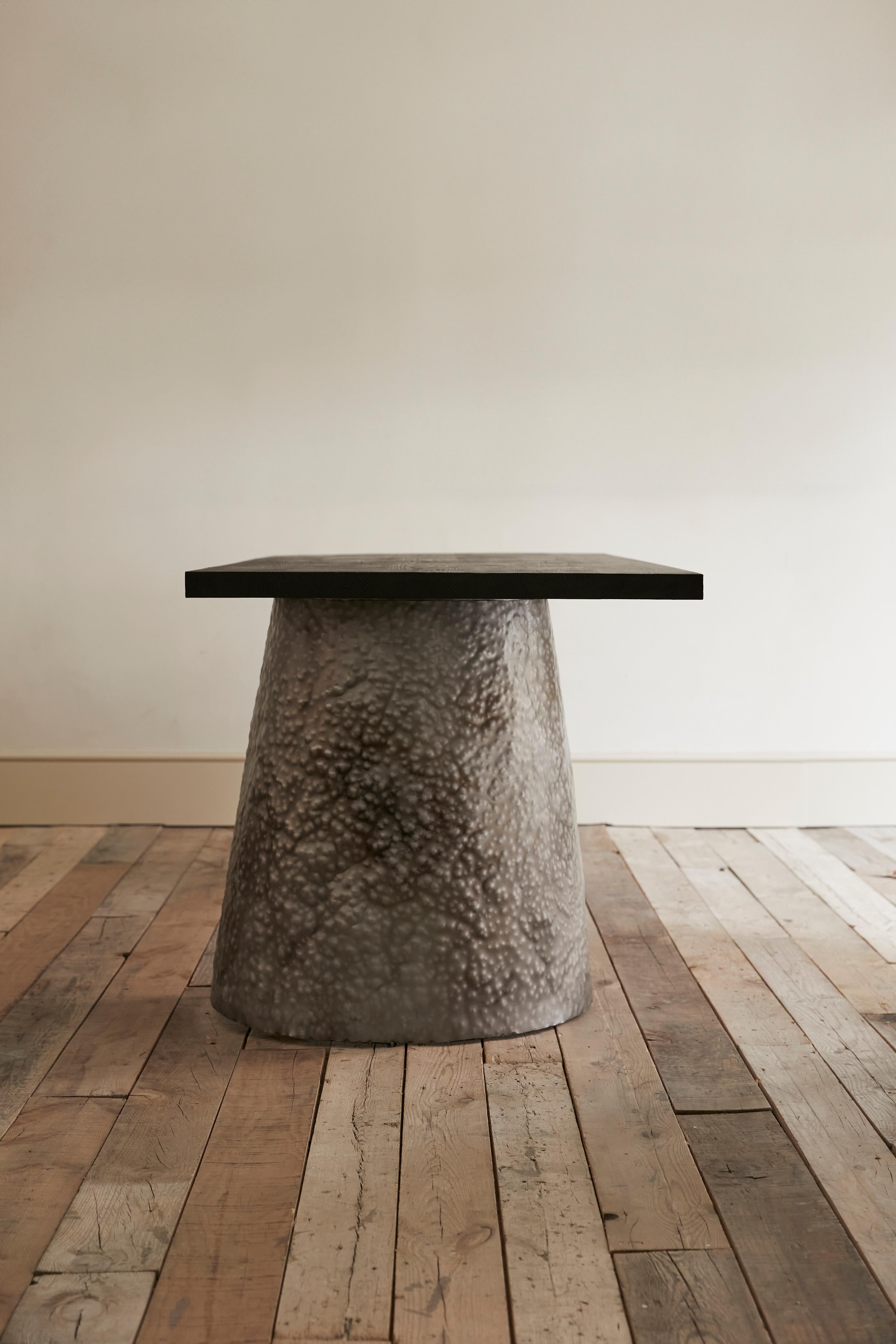 Steel Bruo hammered steel & burned wood dining table and stools, contemporary handmade For Sale