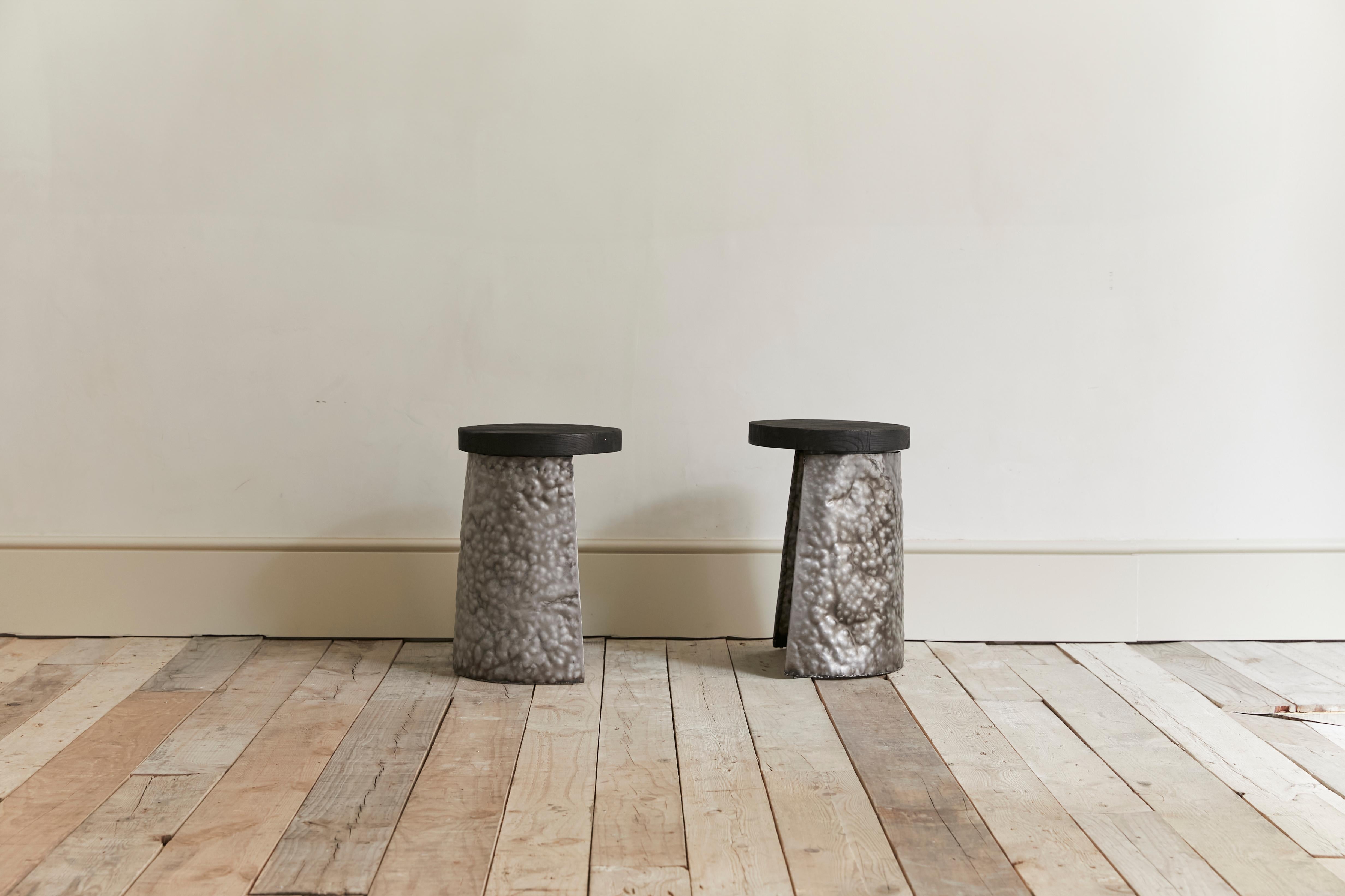 Bruo hammered steel & burned wood dining table and stools, contemporary handmade For Sale 1
