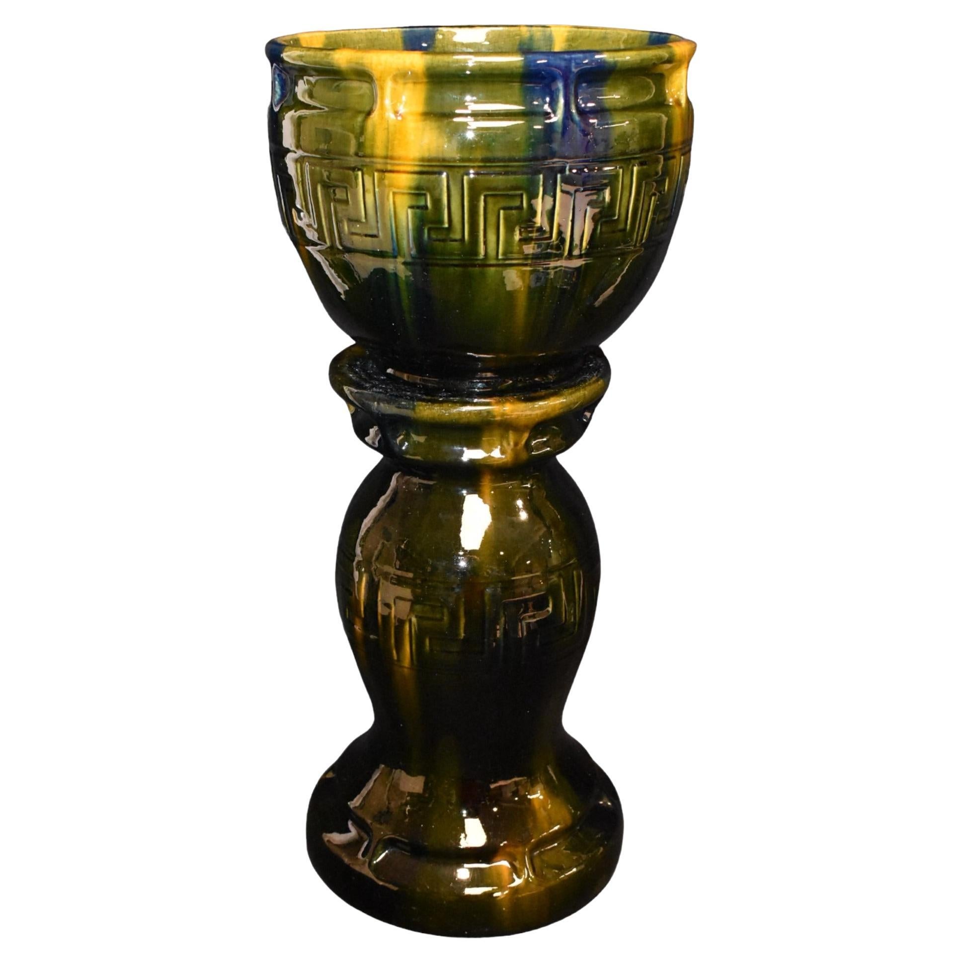 Brosse McCoy Blended Majolica 1914 Art Pottery Greek Key Jardiniere Pedestal 2220