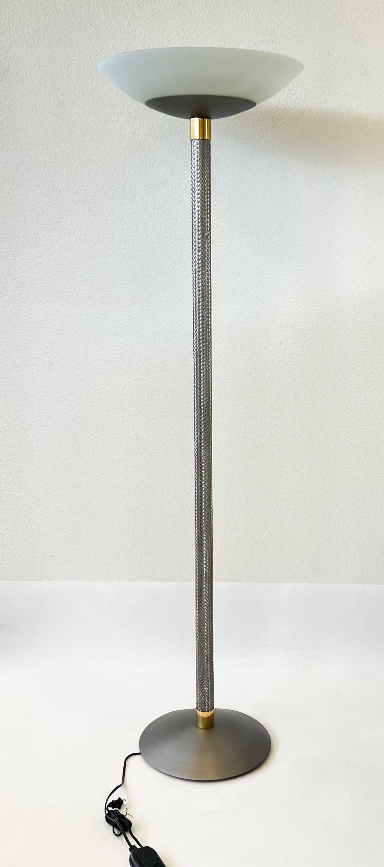 Brush Stainless Steel and Glass Torchiere Floor Lamp by kovacs In Good Condition In Palm Springs, CA