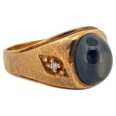 10K gebürstetes Gelbgold Schwarzer Stern Saphir & Diamant Ring