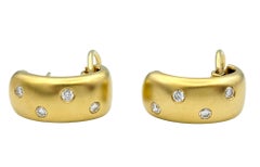 Brushed 14 Karat Yellow Gold and Round Diamond J Hoop Omega Back Earrings