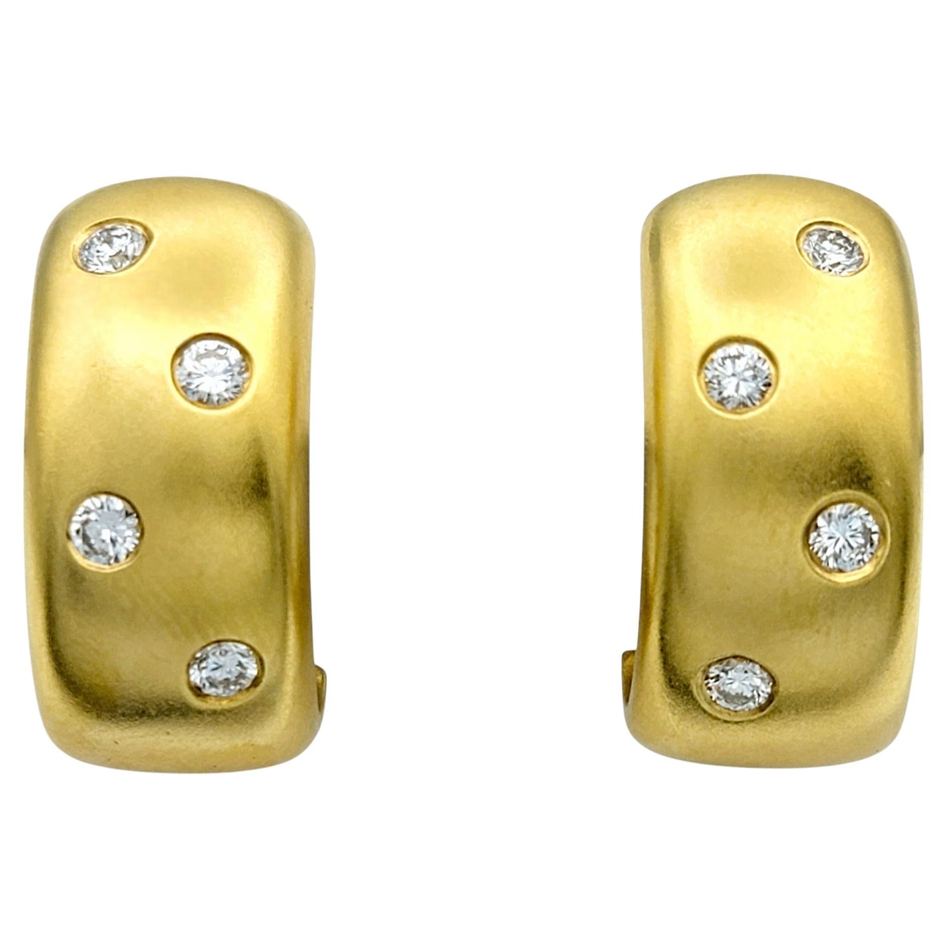 Brushed 14 Karat Yellow Gold and Round Diamond J Hoop Omega Back Earrings
