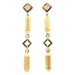 Brushed 18 Karat Gold Bar and Hollow Square Long Earrings