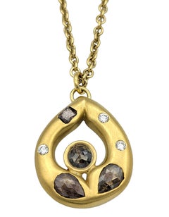 Brushed 18 Karat Gold Teardrop Pendant Necklace with Brown and White Diamonds
