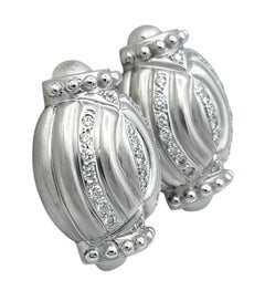 Brushed 18 Karat White Gold Domed Diamond Clip On Earrings